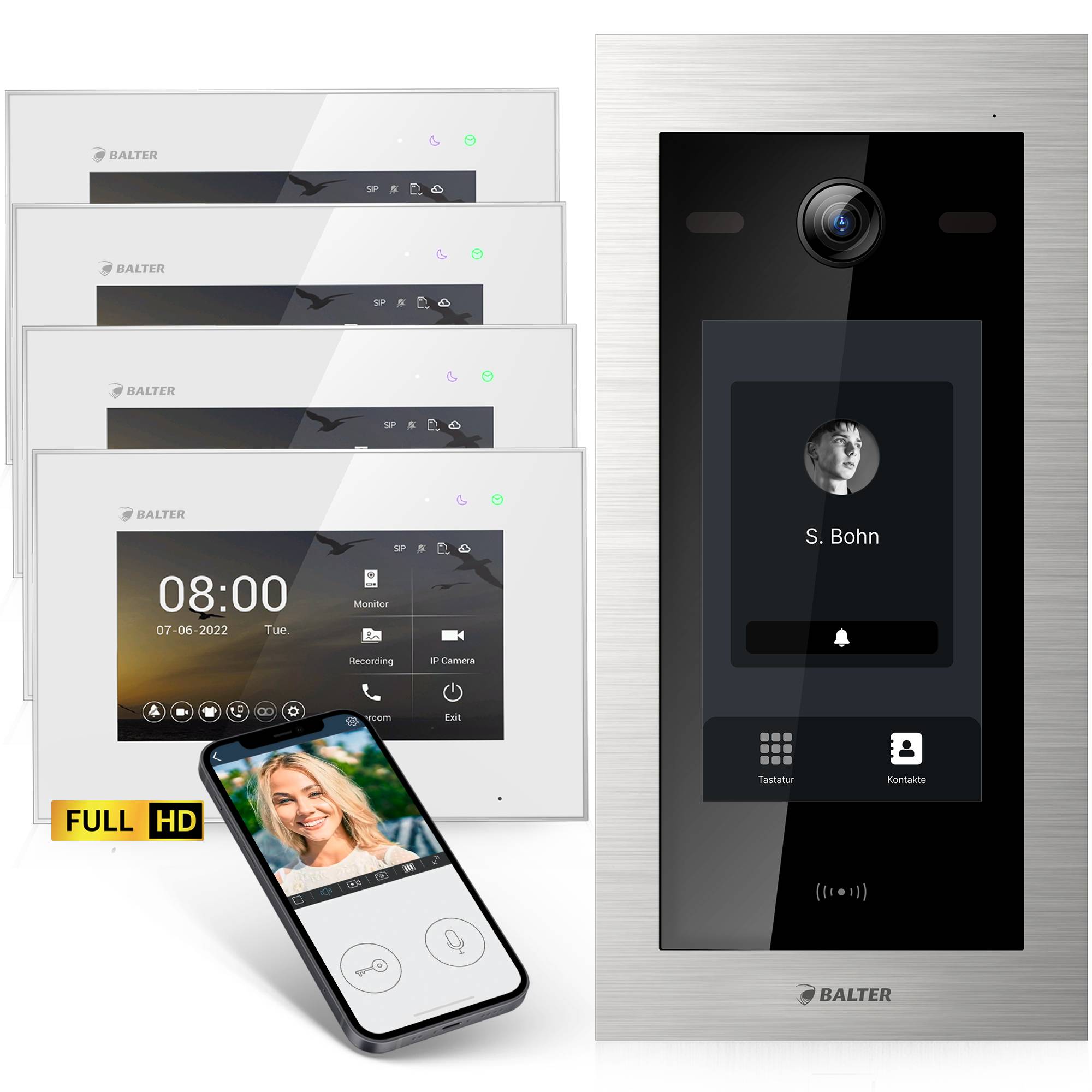 HD Video Türsprechanlage mit Touchscreen und RFID für 1 Familienhaus, 4x Monitore, Balter EVO HD Touch