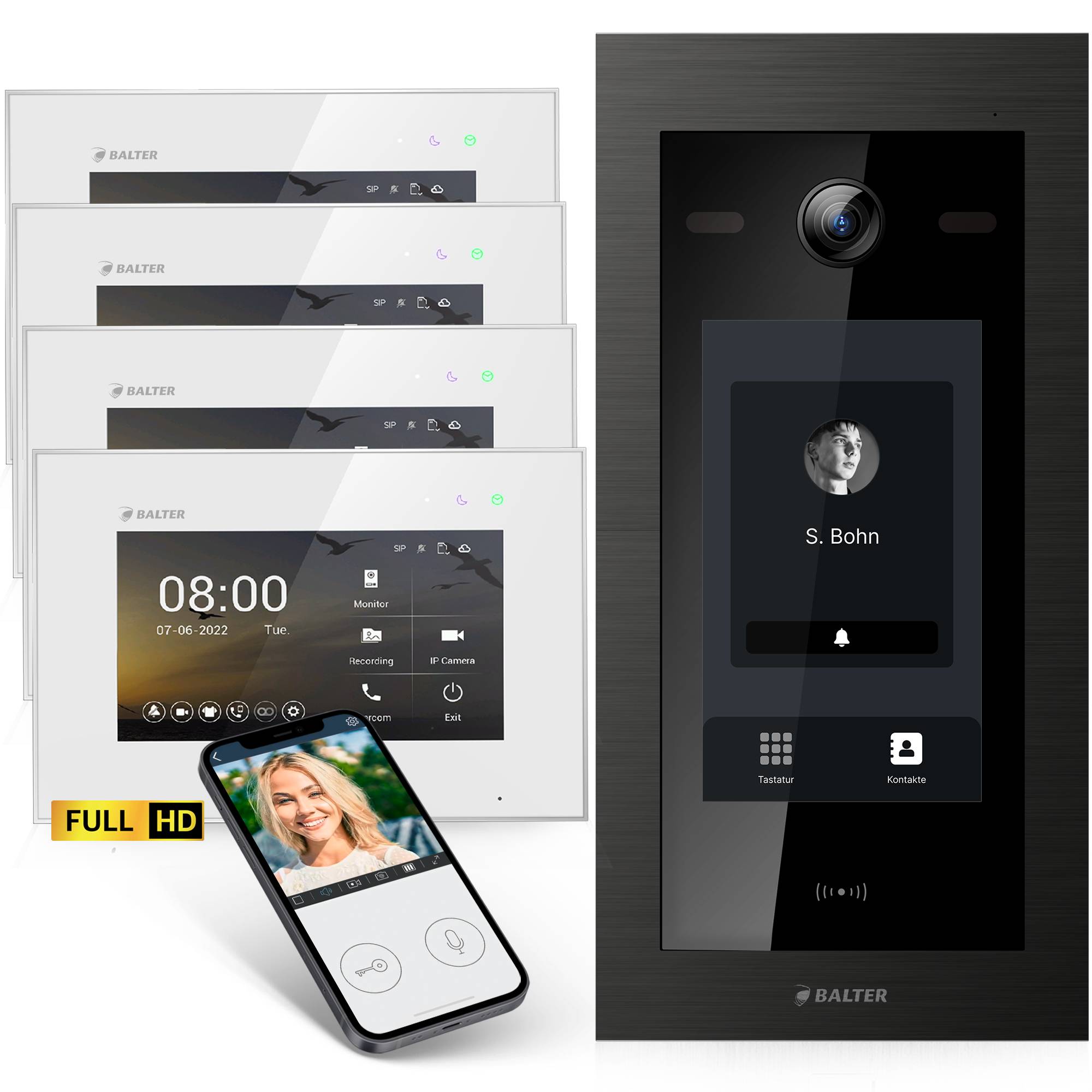 HD Video Türsprechanlage mit Touchscreen und RFID für 1 Familienhaus, 4x Monitore, Balter EVO HD Touch Schwarz