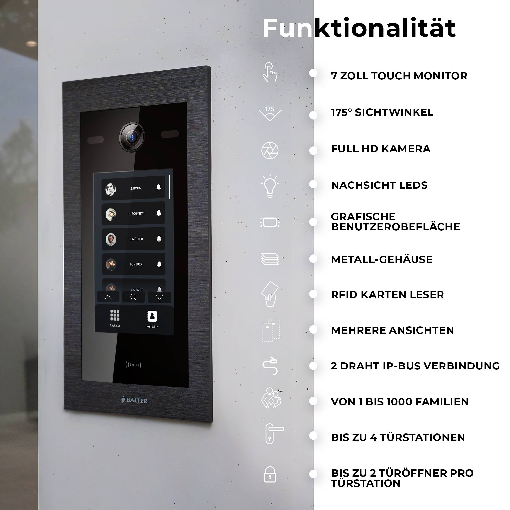 HD Video Türsprechanlage mit Touchscreen und RFID für 2 Familienhaus, 2x Monitore, Balter EVO HD Touch Schwarz