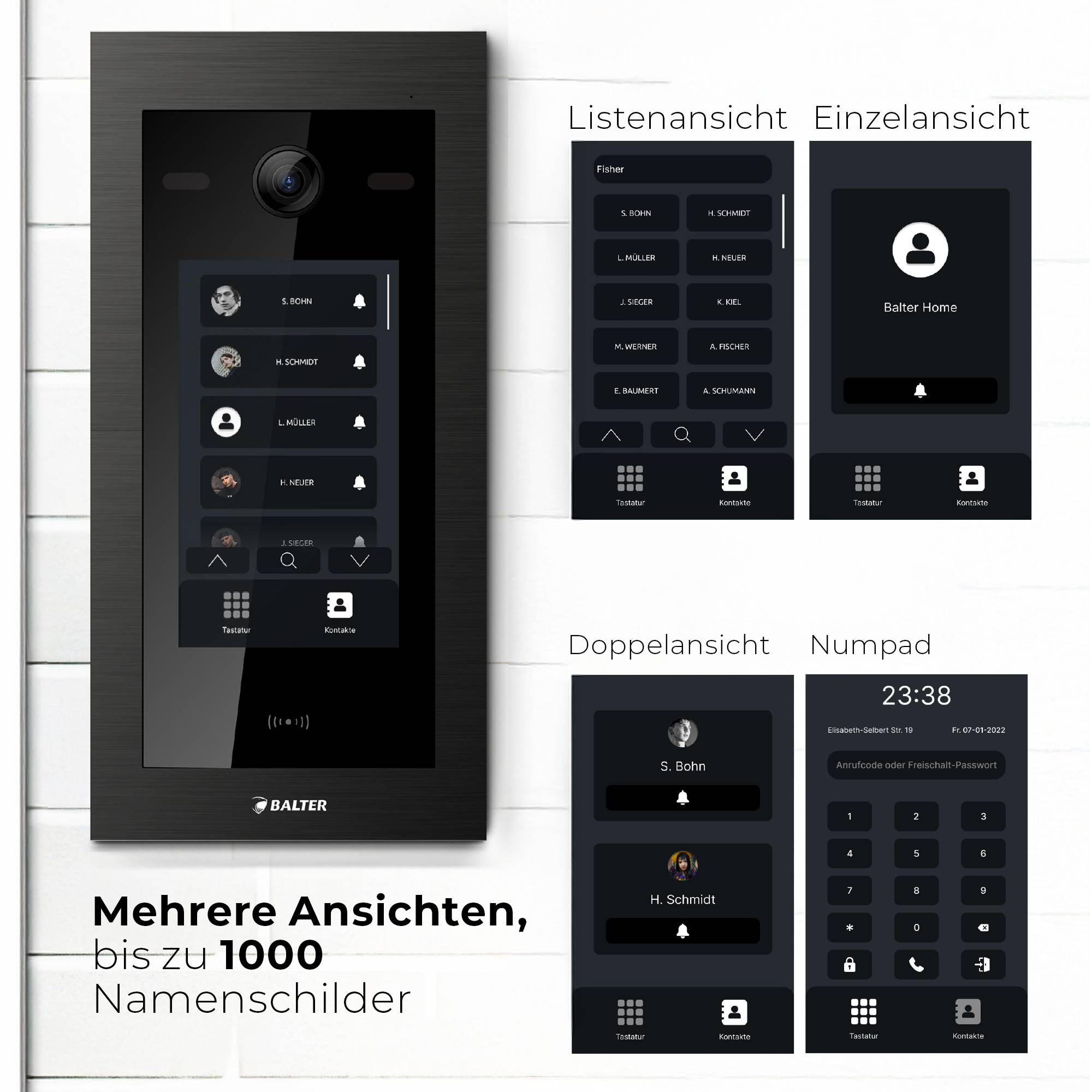 HD Video Türsprechanlage mit Touchscreen und RFID für 4 Familienhaus, 4x Monitore, Balter EVO HD Touch Schwarz