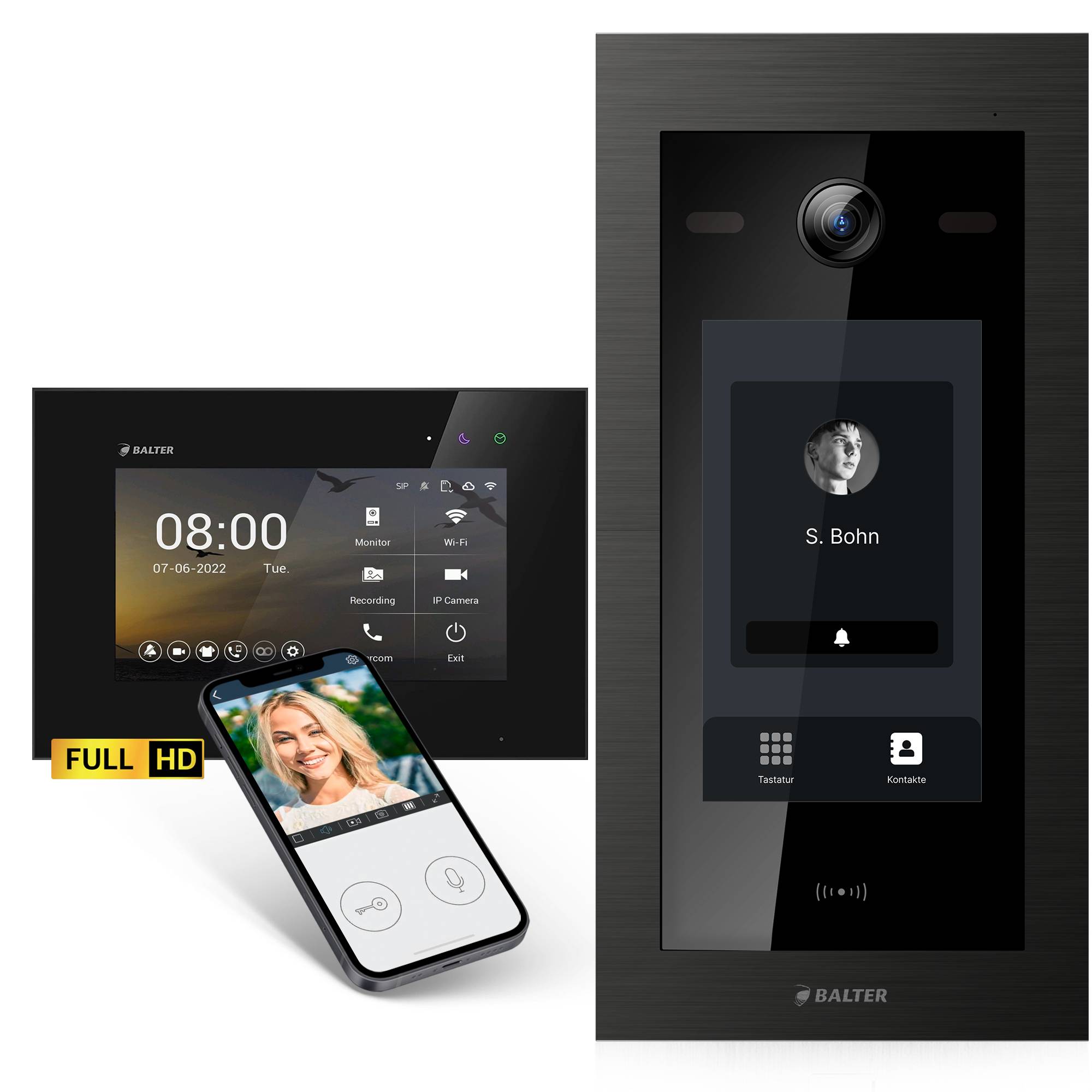 HD Video Türsprechanlage mit Touchscreen und RFID für 1 Familienhaus, 1x Monitor, Balter EVO HD Touch Schwarz