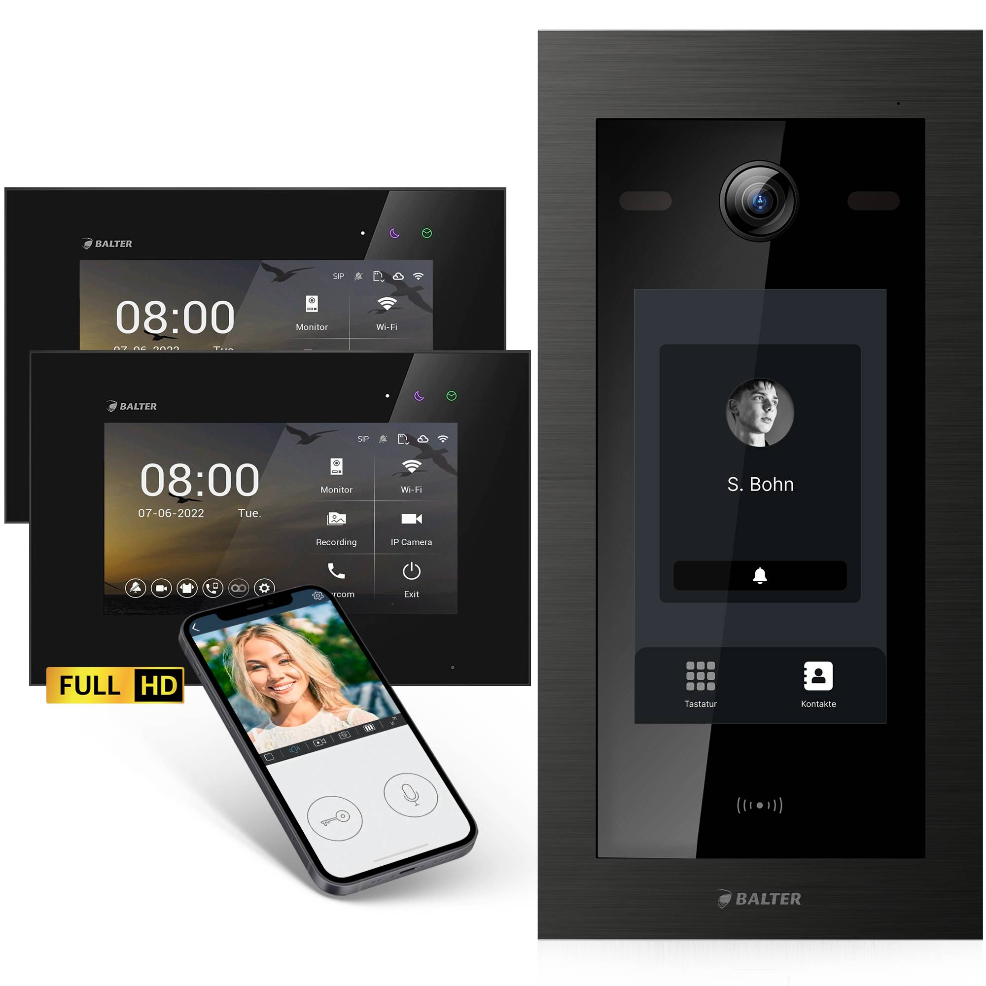 HD Video Türsprechanlage mit Touchscreen und RFID für 1 Familienhaus, 2x Monitore, Balter EVO HD Touch Schwarz