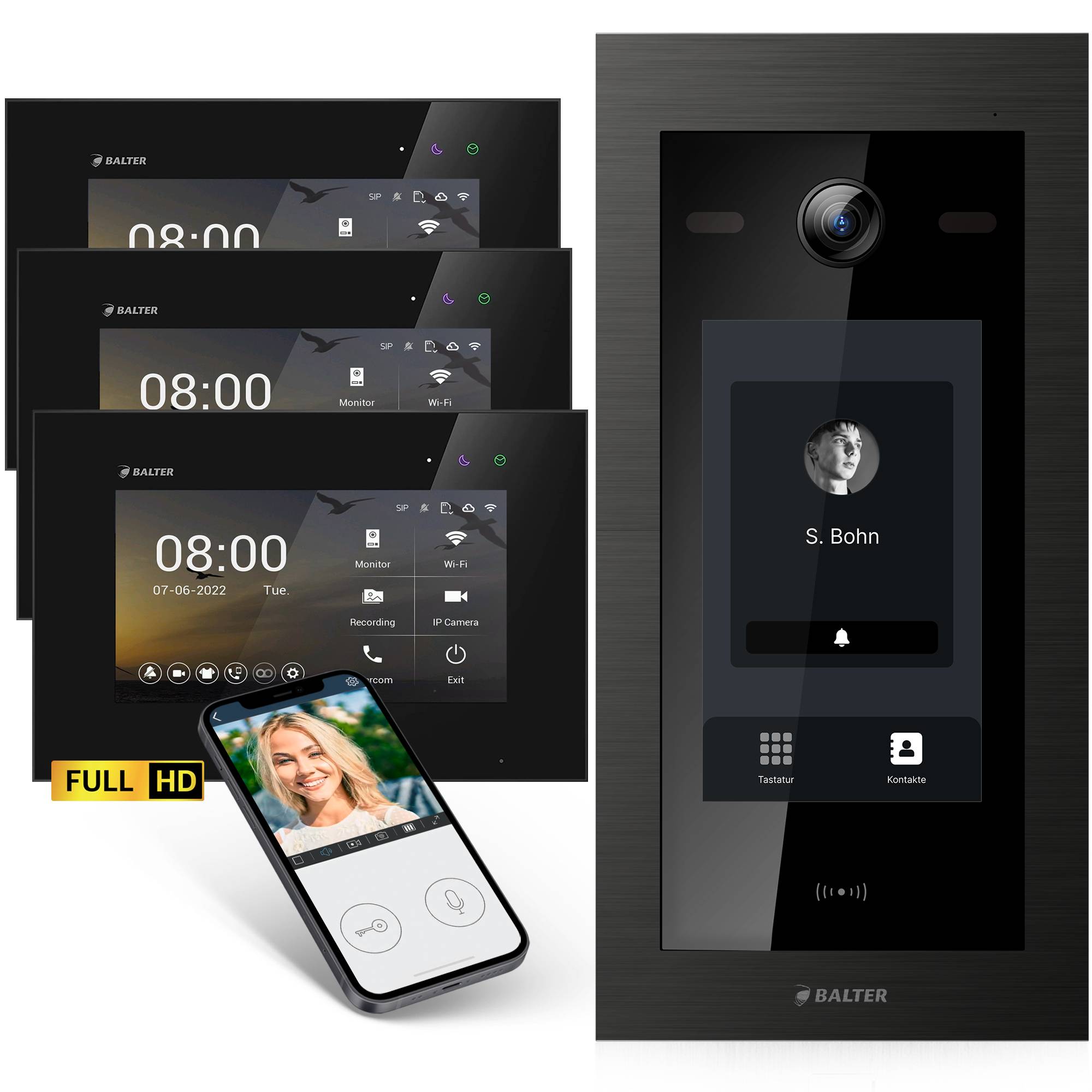 HD Video Türsprechanlage mit Touchscreen und RFID für 1 Familienhaus, 3x Monitore, Balter EVO HD Touch Schwarz