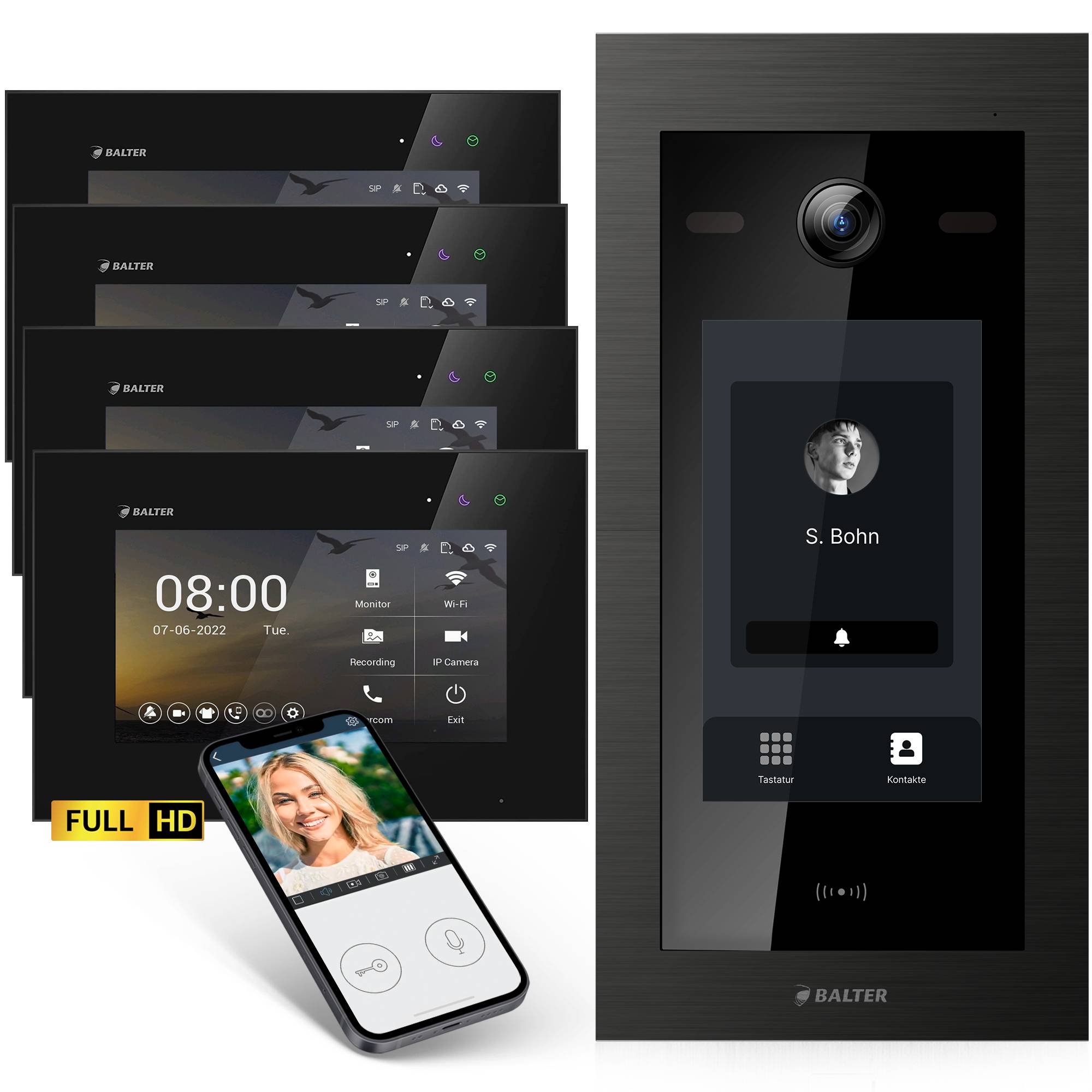 HD Video Türsprechanlage mit Touchscreen und RFID für 1 Familienhaus, 4x Monitore, Balter EVO HD Touch Schwarz