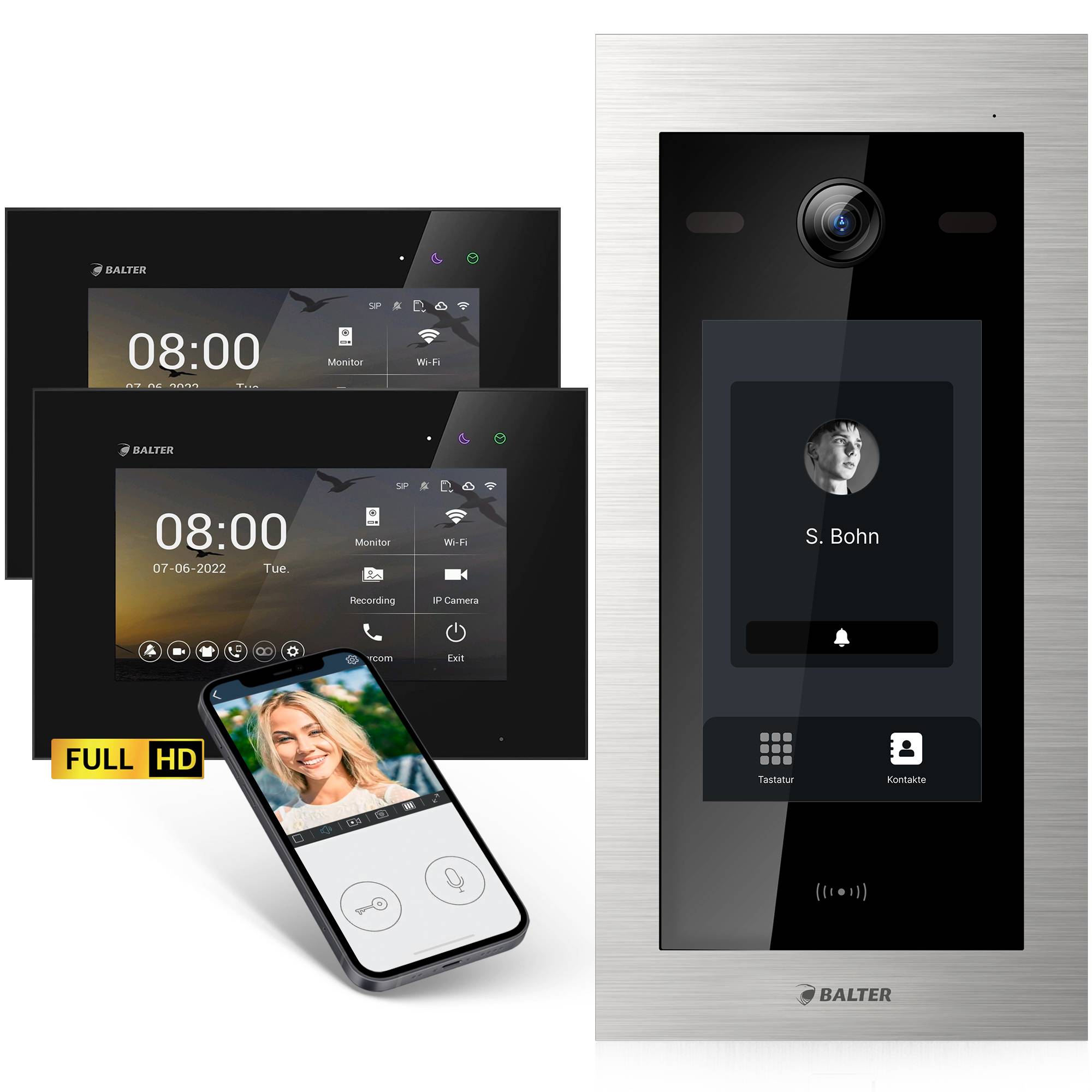 HD Video Türsprechanlage mit Touchscreen und RFID für 1 Familienhaus, 2x Monitore, Balter EVO HD Touch
