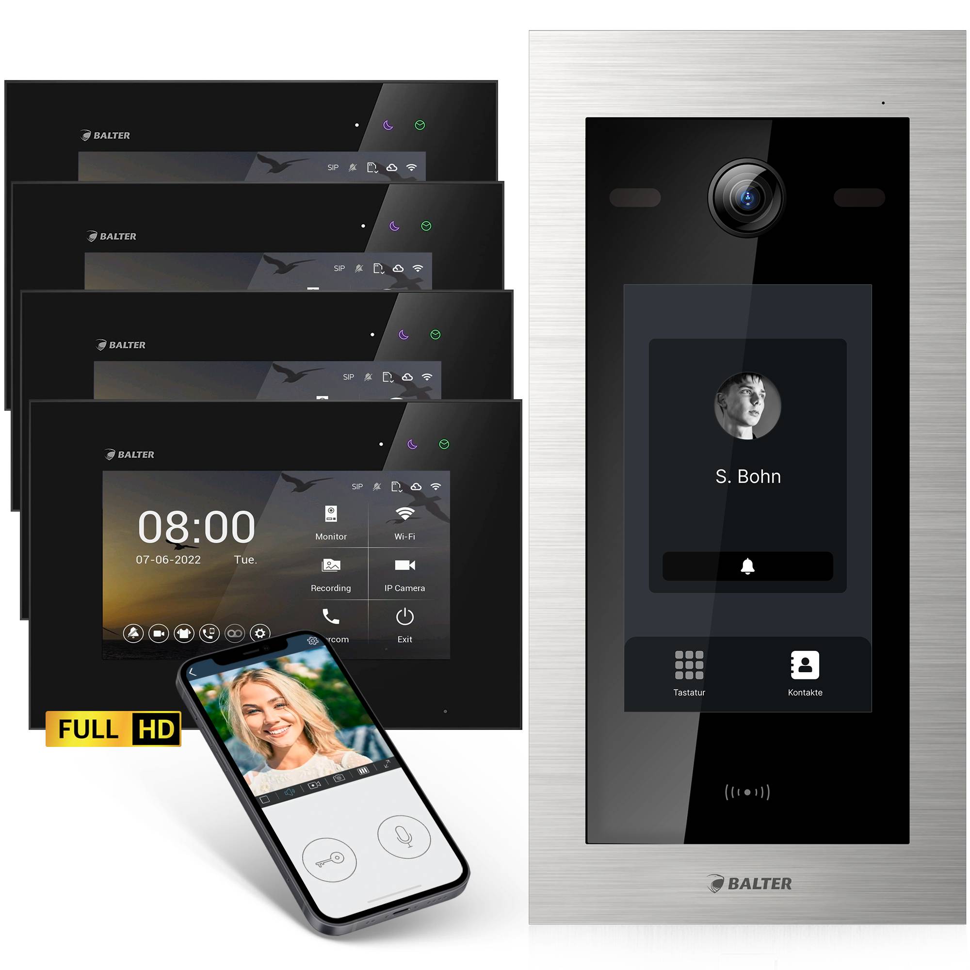 HD Video Türsprechanlage mit Touchscreen und RFID für 1 Familienhaus, 4x Monitore, Balter EVO HD Touch