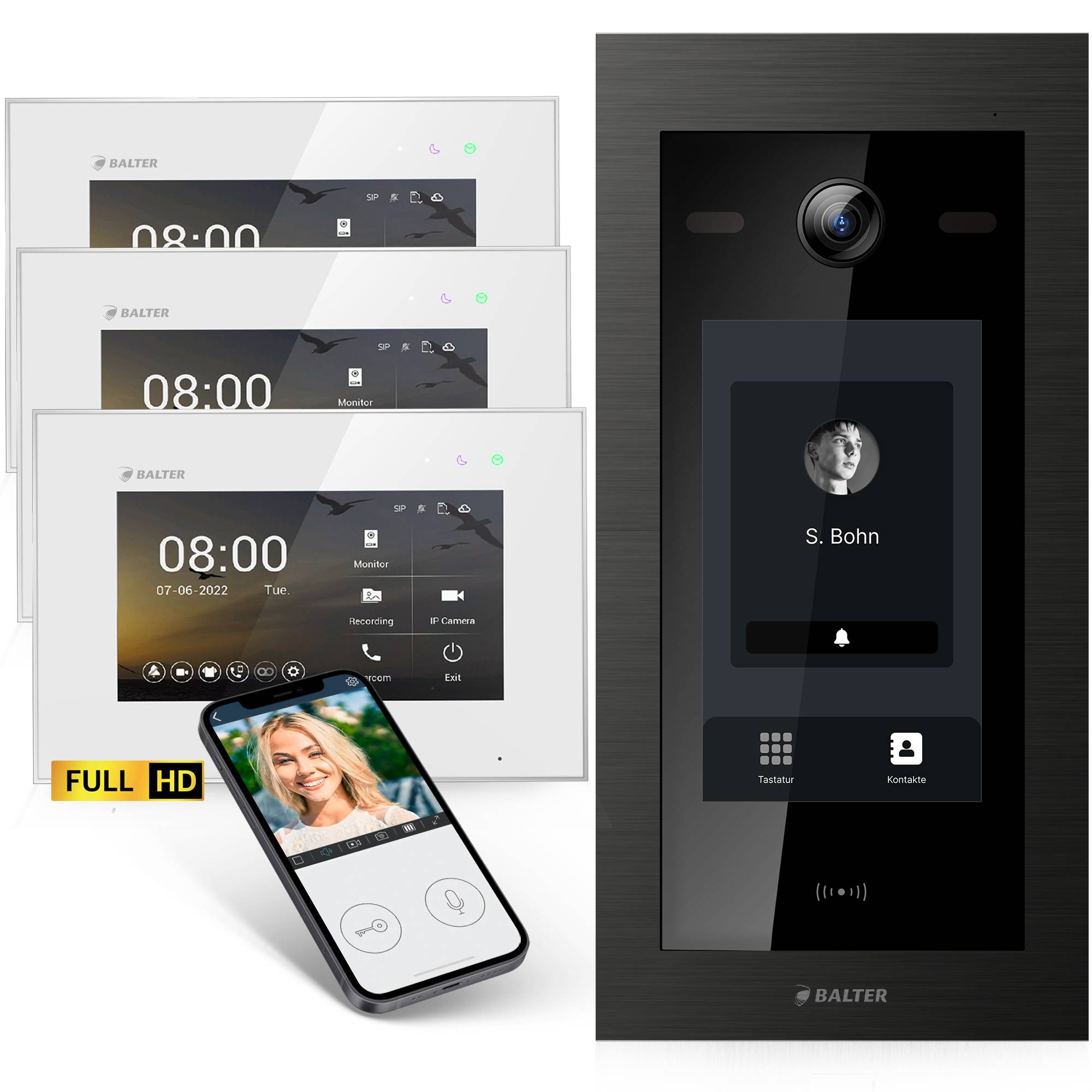 HD Video Türsprechanlage mit Touchscreen und RFID für 1 Familienhaus, 3x Monitore, Balter EVO HD Touch Schwarz