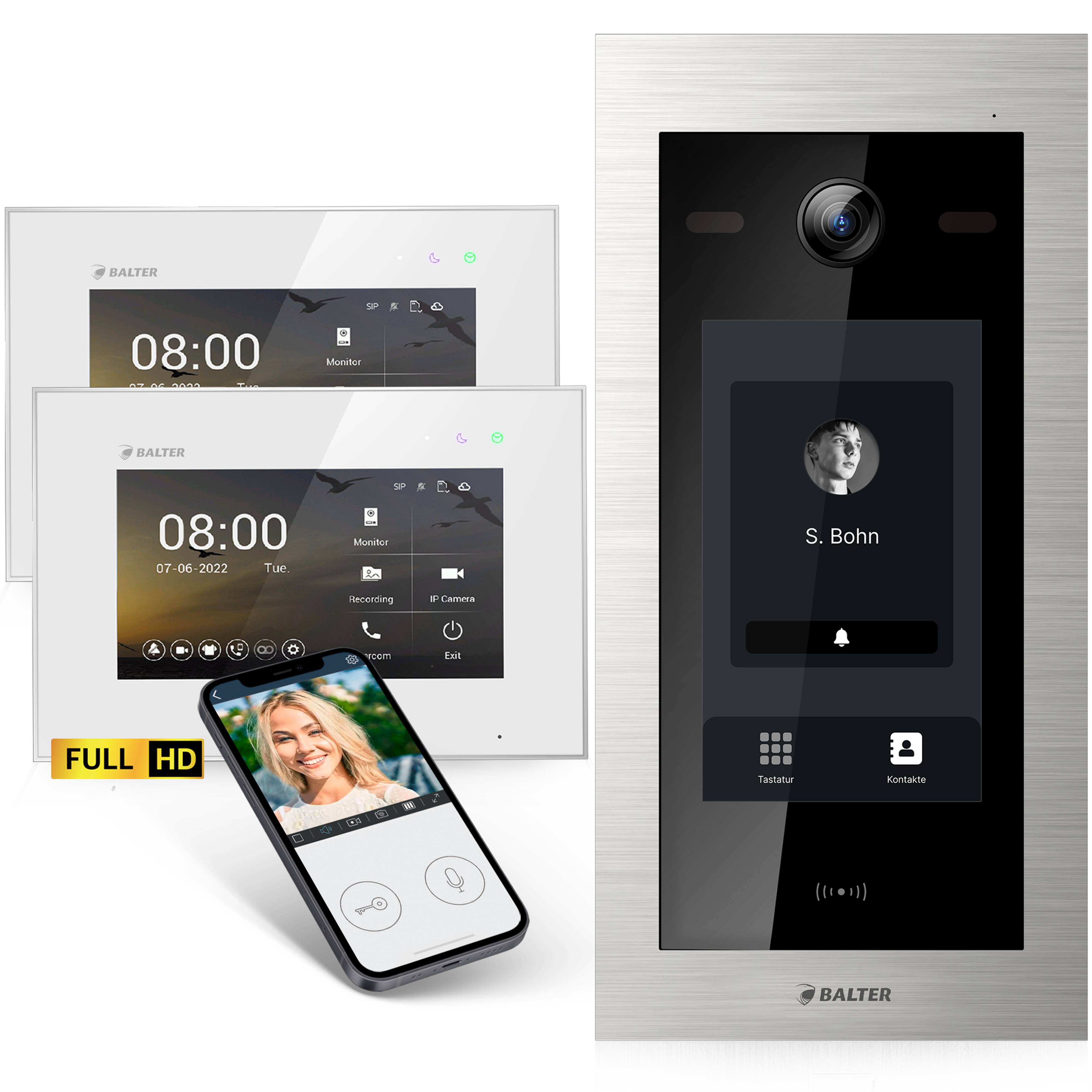 HD Video Türsprechanlage mit Touchscreen und RFID für 2 Familienhaus, 2x Monitore, Balter EVO HD Touch