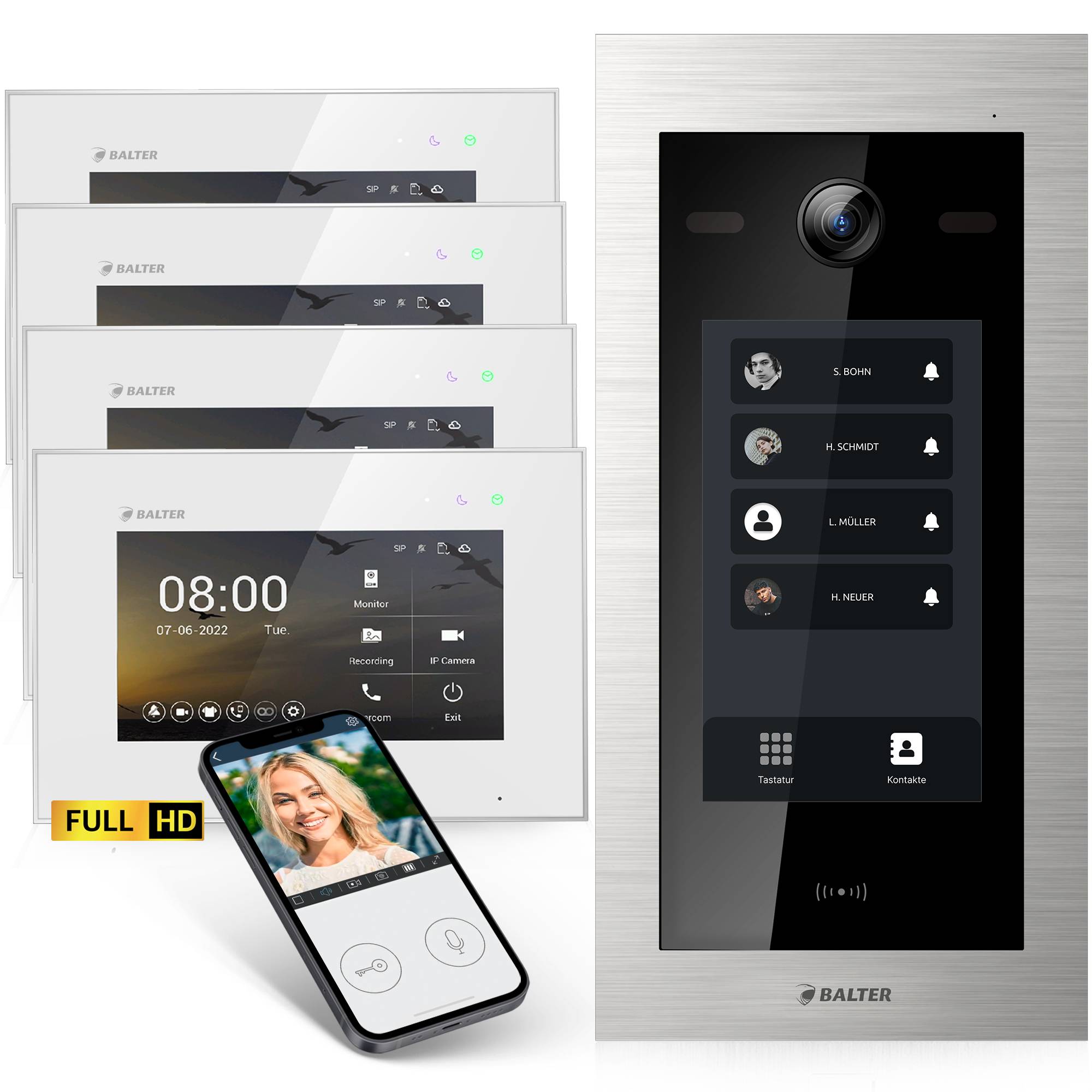 HD Video Türsprechanlage mit Touchscreen und RFID für 4 Familienhaus, 4x Monitore, Balter EVO HD Touch