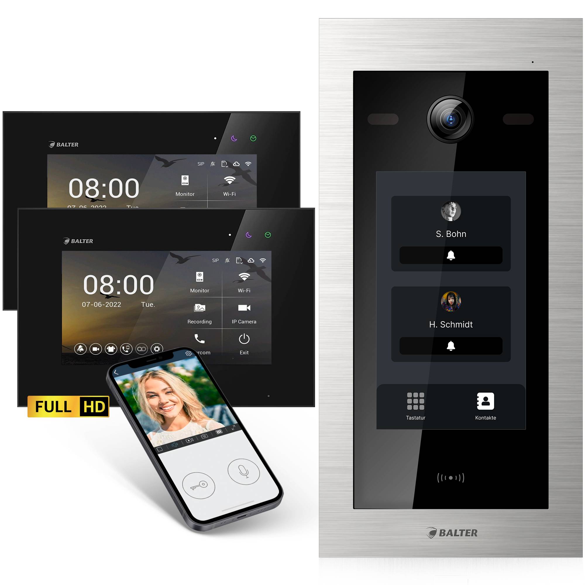 HD Video Türsprechanlage mit Touchscreen und RFID für 2 Familienhaus, 2x Monitore, Balter EVO HD Touch
