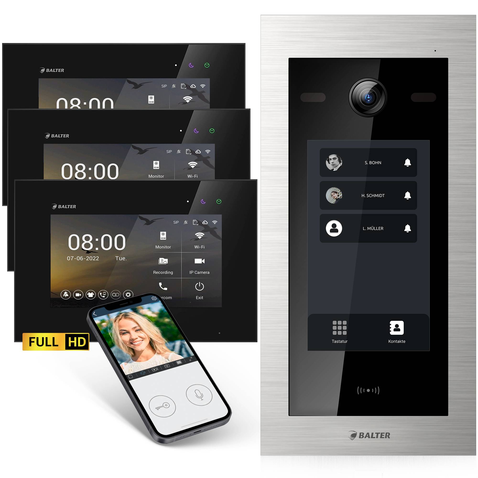 HD Video Türsprechanlage mit Touchscreen und RFID für 3 Familienhaus, 3x Monitore, Balter EVO HD Touch
