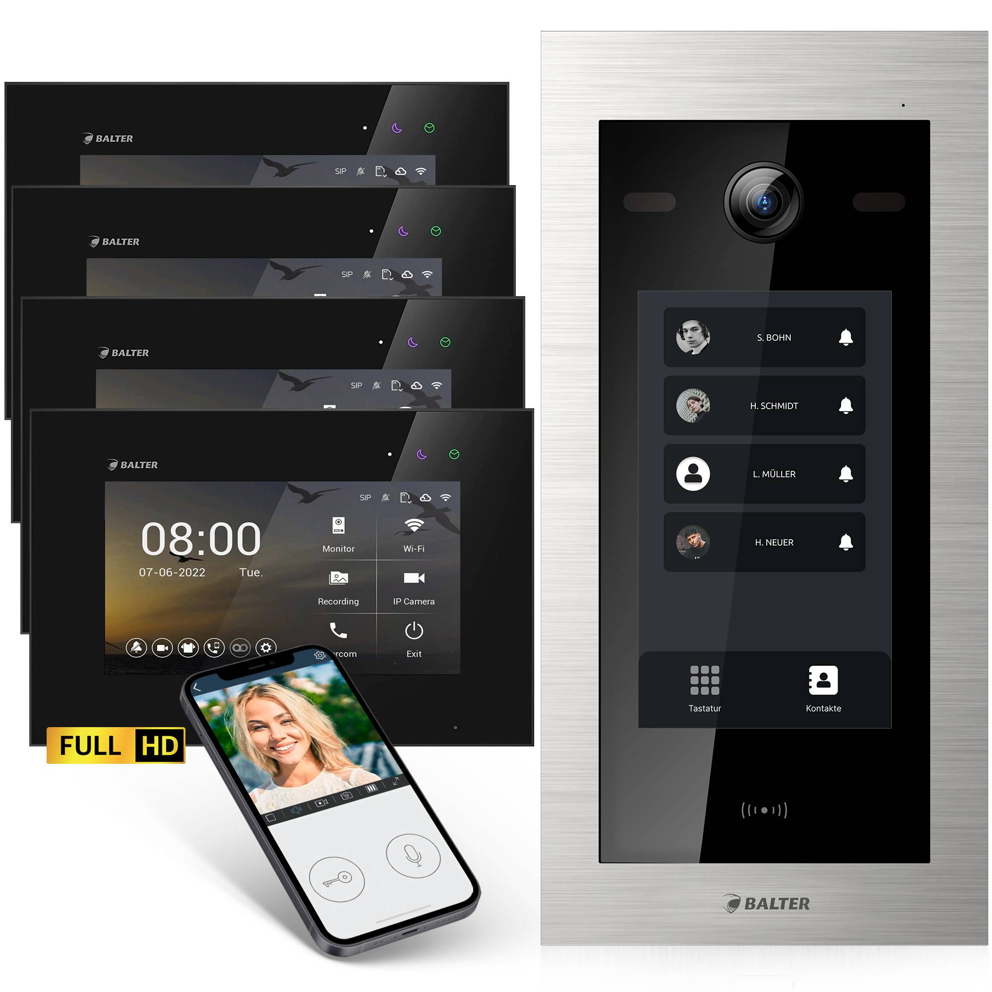 HD Video Türsprechanlage mit Touchscreen und RFID für 4 Familienhaus, 4x Monitore, Balter EVO HD Touch