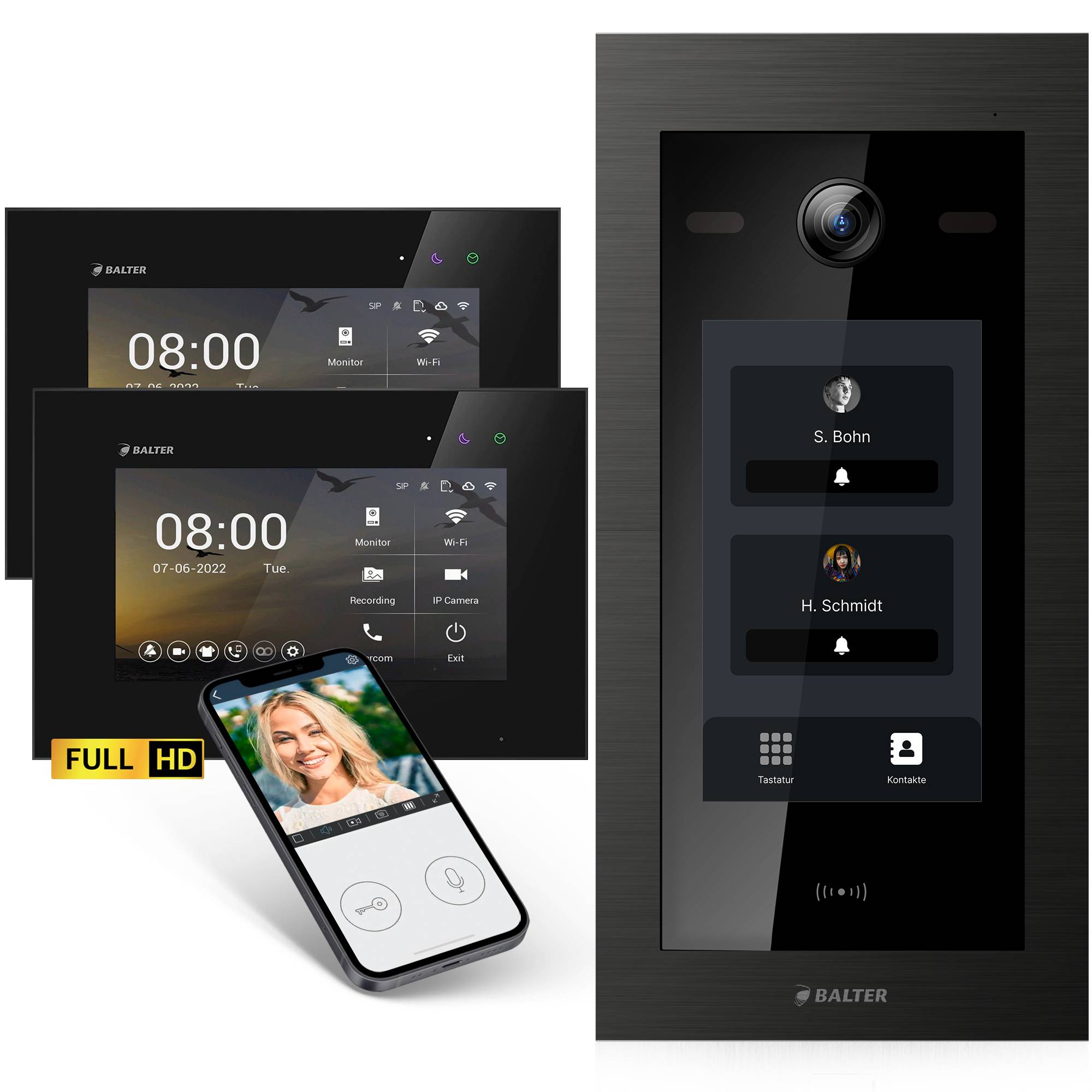 HD Video Türsprechanlage mit Touchscreen und RFID für 2 Familienhaus, 2x Monitore, Balter EVO HD Touch Schwarz