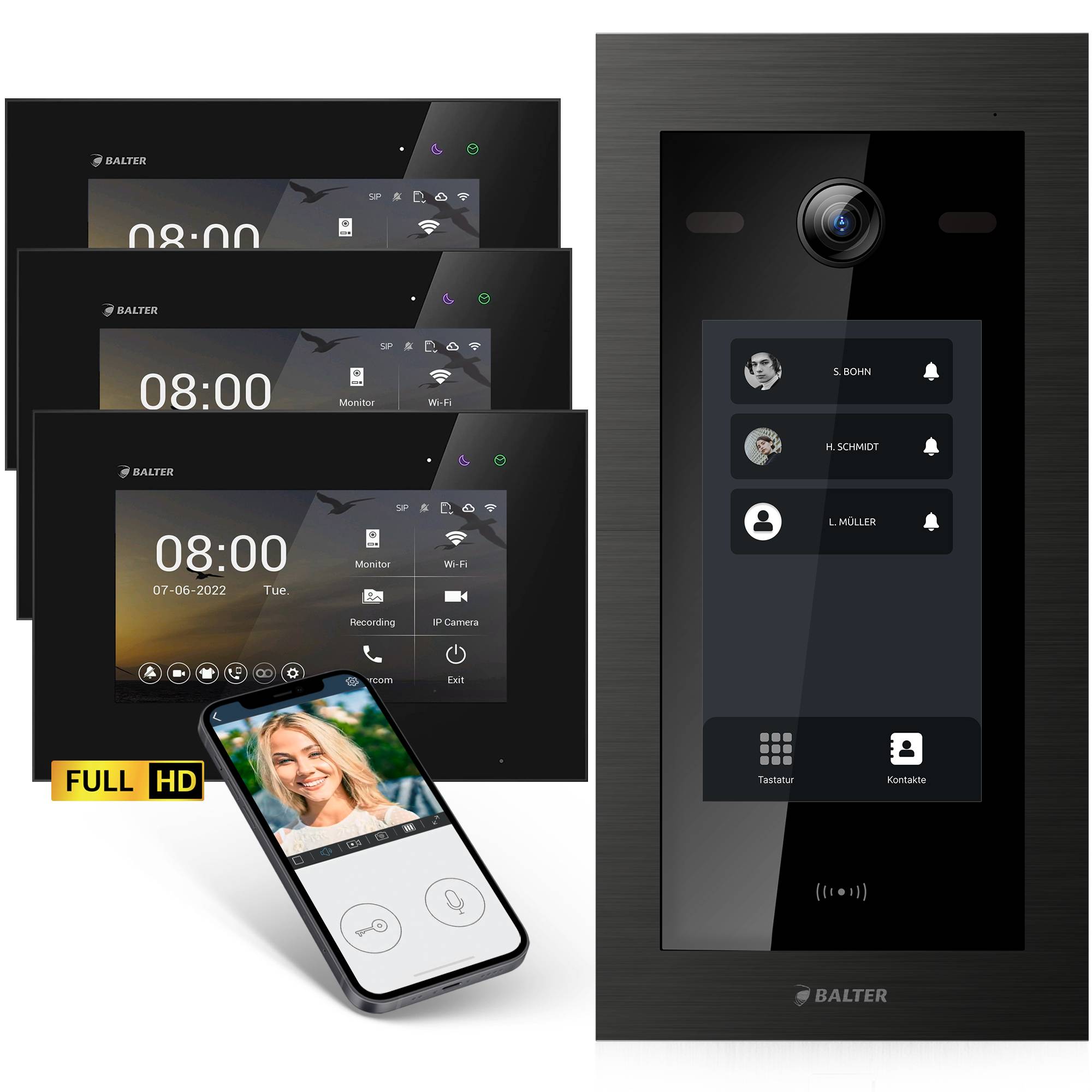 HD Video Türsprechanlage mit Touchscreen und RFID für 3 Familienhaus, 3x Monitore, Balter EVO HD Touch Schwarz