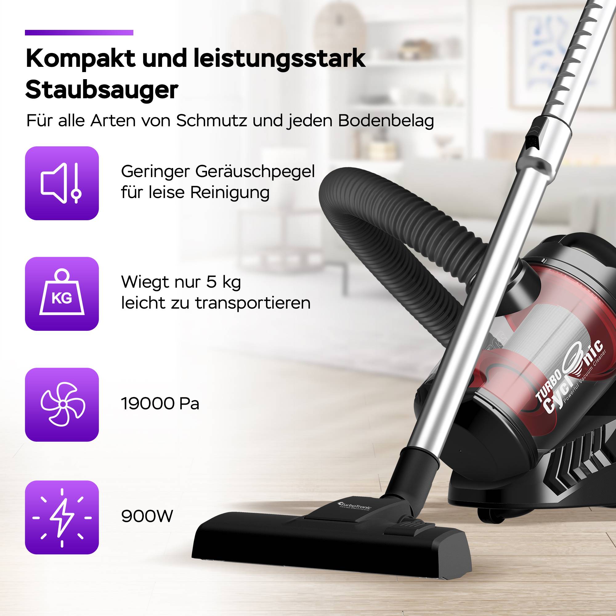 TurboTronic Zyklon Staubsauger CV07 - brachiale 19kPa Saugkraft 700W ohne Beutel kleiner Trockensauger für Parkett Tierhaare Hundehaare beutellos