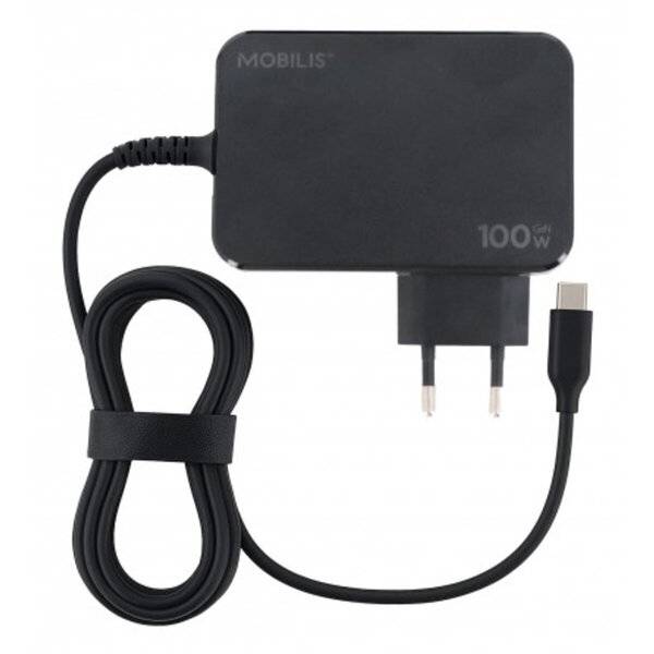 Schwarzes Mobilis 100W USB-C-Wandladegerät mit angebrachtem Kabel und europäischem Stecker, gezeigt auf weißem Hintergrund.