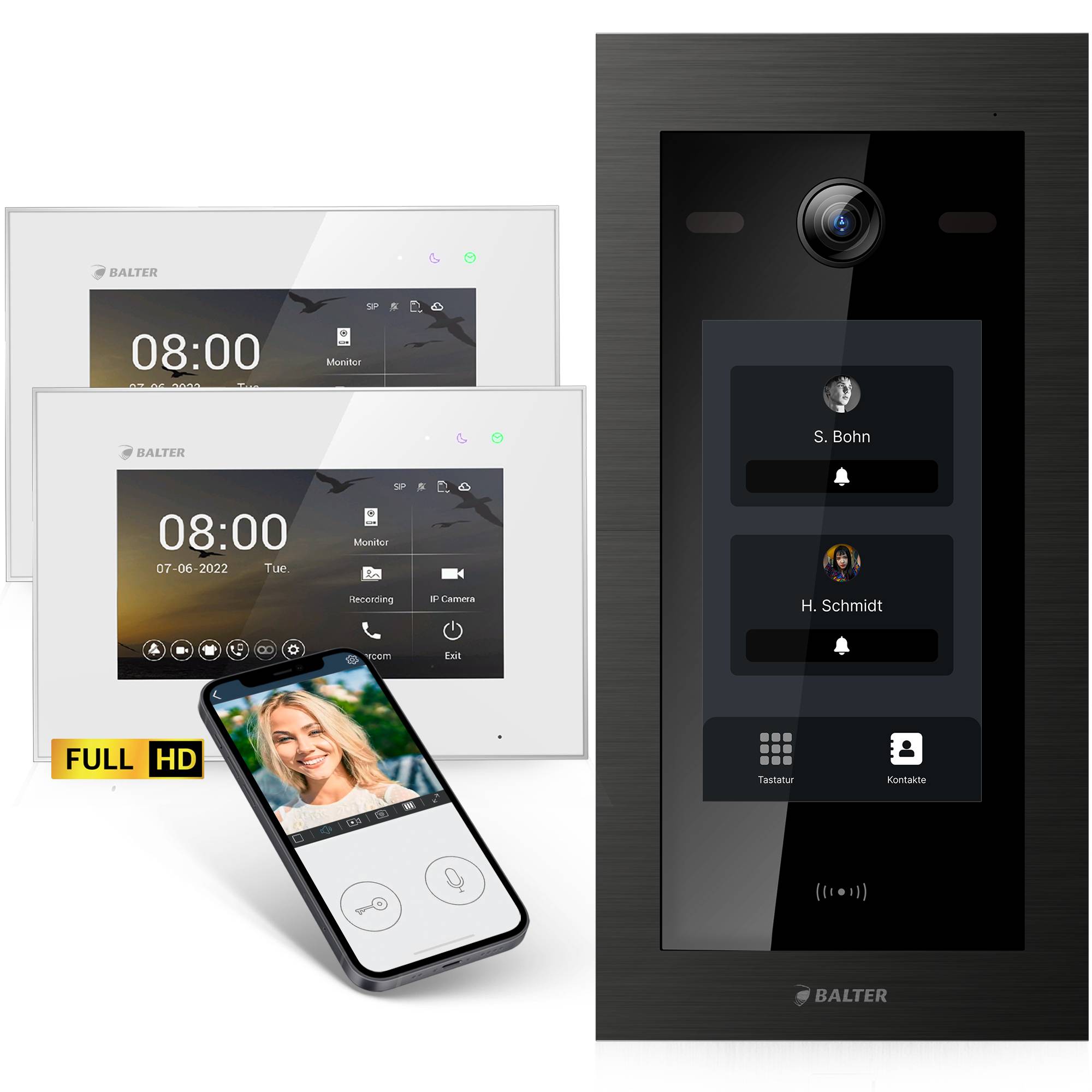 HD Video Türsprechanlage mit Touchscreen und RFID für 2 Familienhaus, 2x Monitore, Balter EVO HD Touch Schwarz