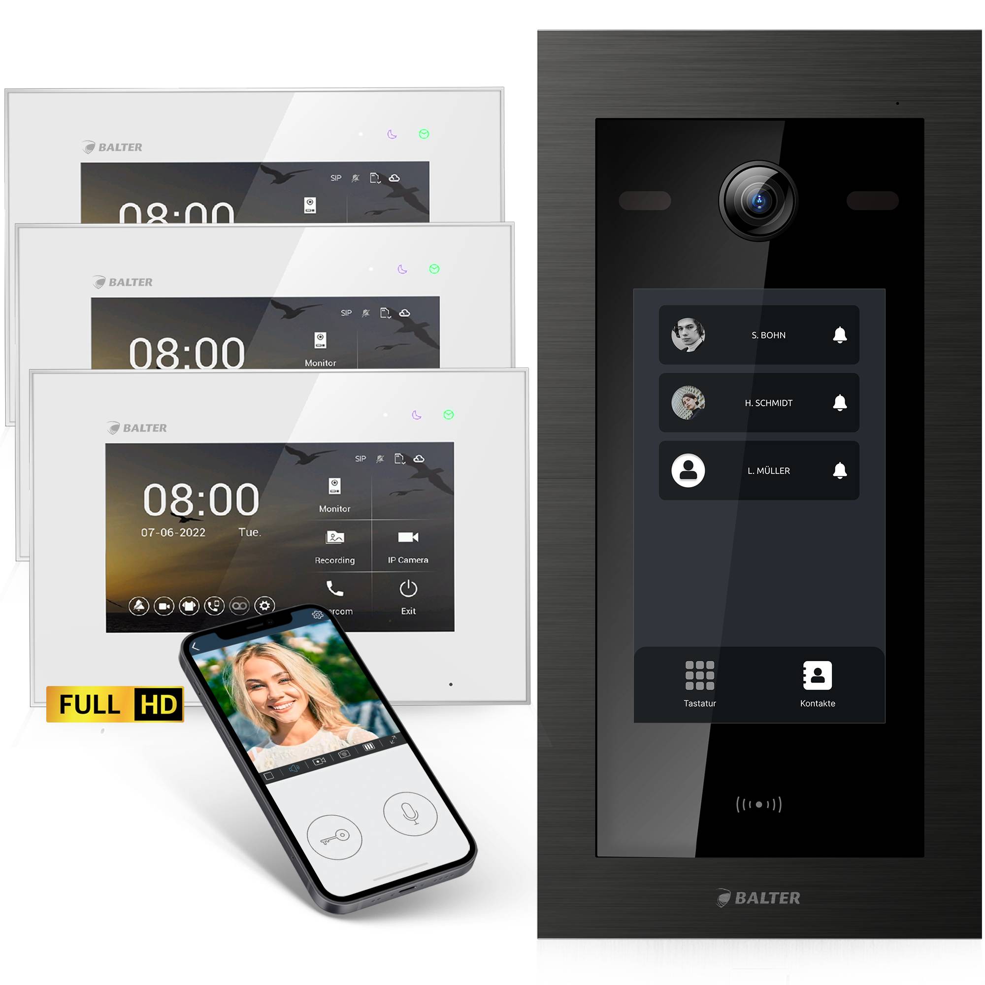 HD Video Türsprechanlage mit Touchscreen und RFID für 3 Familienhaus, 3x Monitore, Balter EVO HD Touch Schwarz