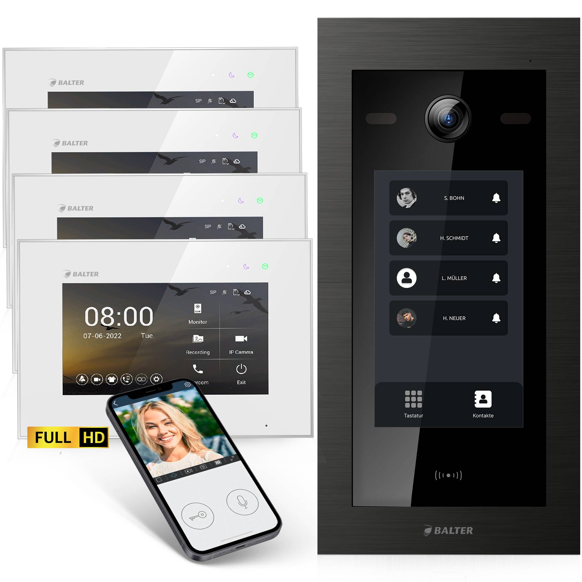 HD Video Türsprechanlage mit Touchscreen und RFID für 4 Familienhaus, 4x Monitore, Balter EVO HD Touch Schwarz