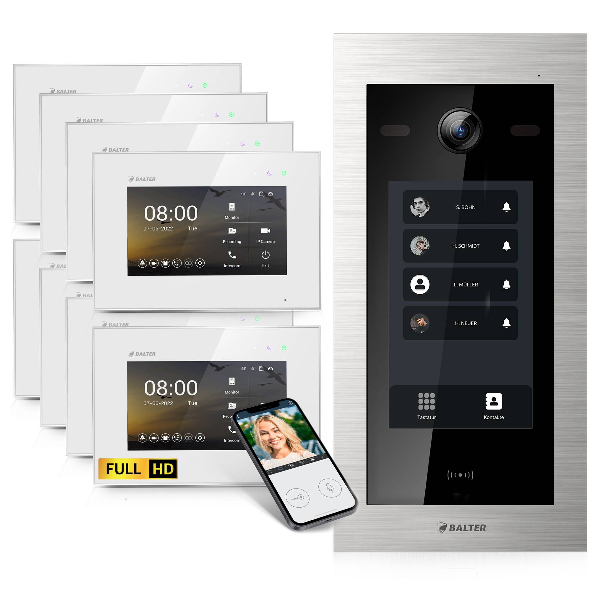 HD Video Türsprechanlage mit Touchscreen und RFID für 8 Familienhaus, 8x Monitore, Balter EVO HD Touch