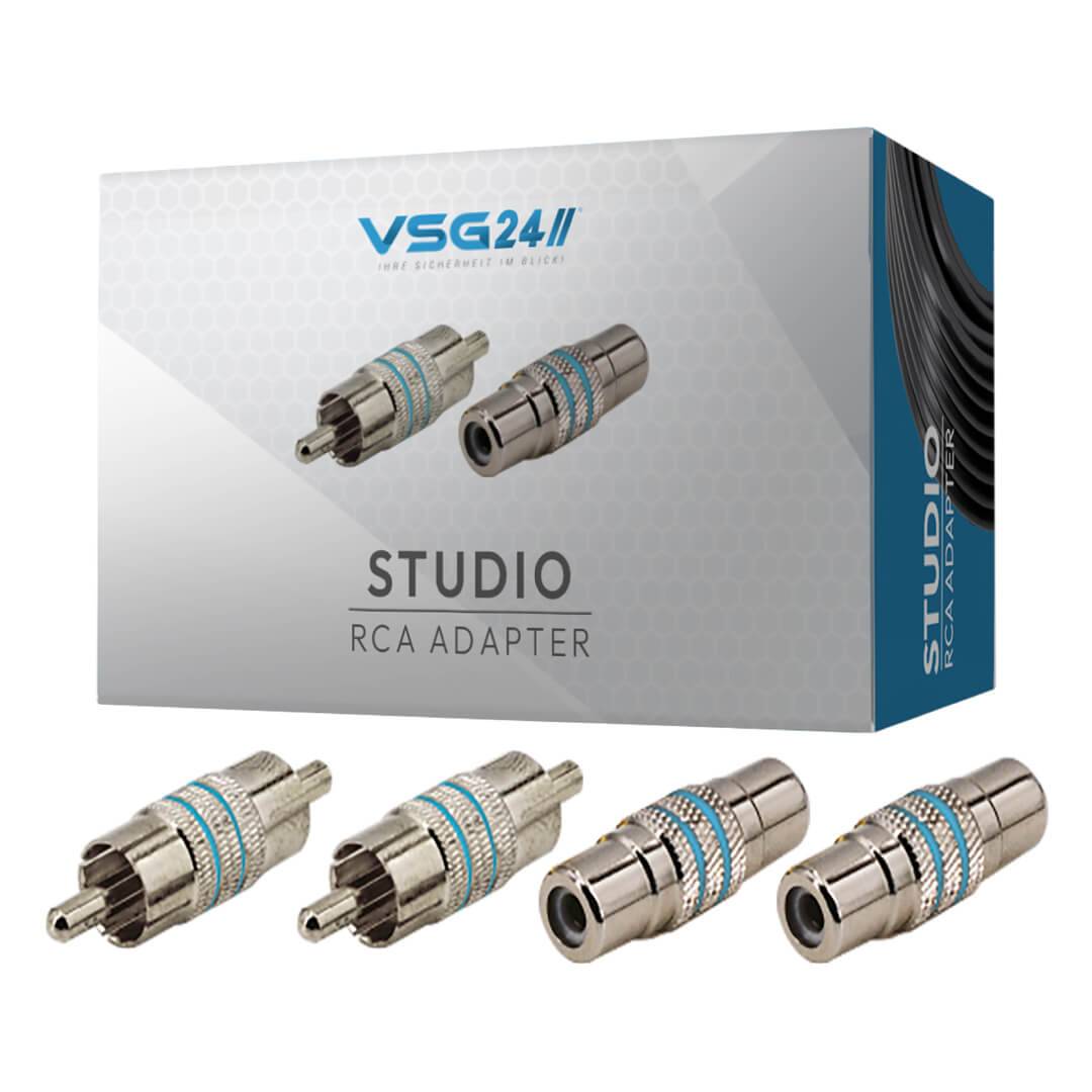 Verpackung für 'STUDIO RCA Adapter' mit vier metallischen Adaptern, die ausgestellt sind. Die Schachtel trägt das Markenlogo 'VSG24' und eine Produktabbildung.
