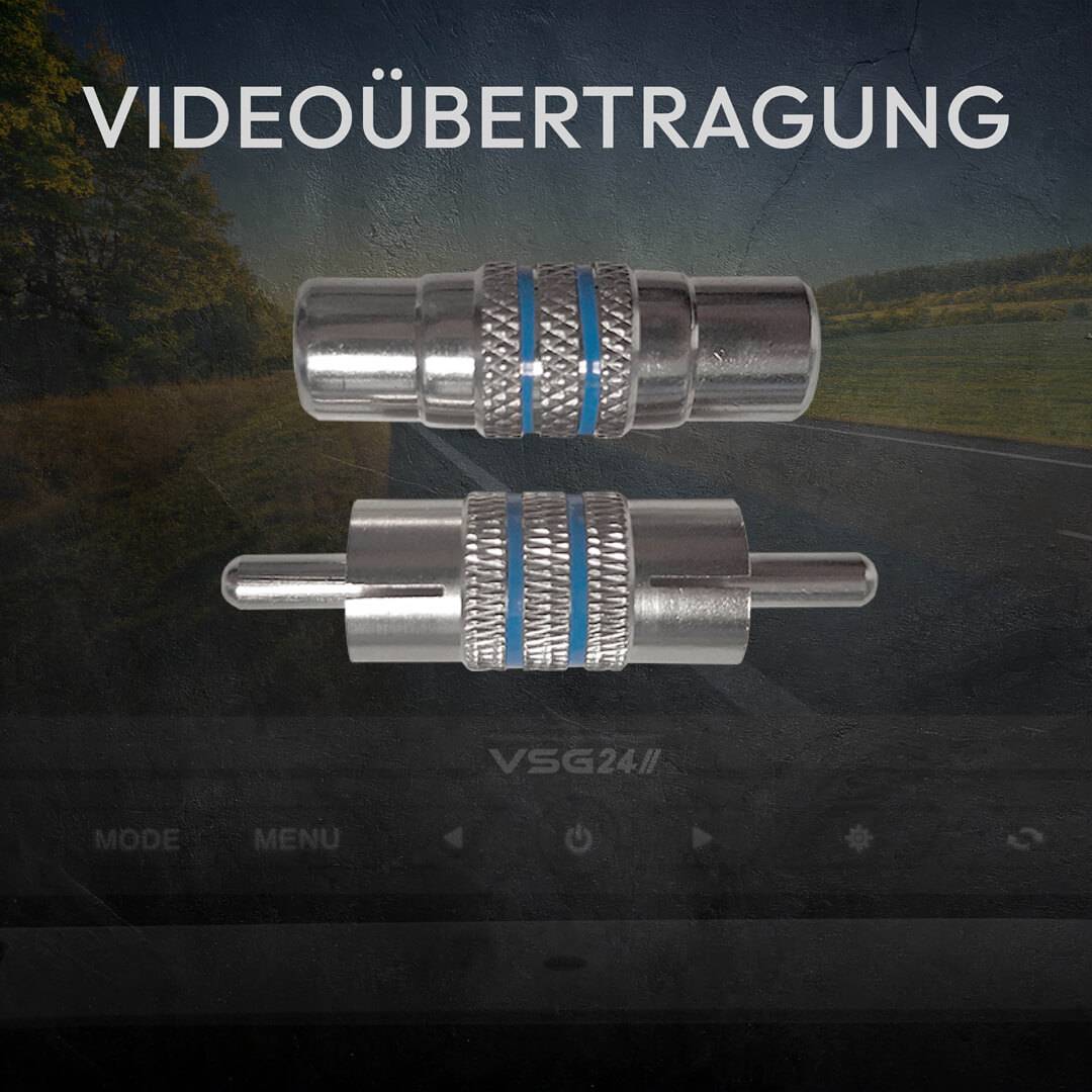 Das Bild zeigt einen Videoübertragungsanschluss mit dem Wort ‚Videoübertragung' darüber, vor einem Hintergrund mit Straße und Bäumen.