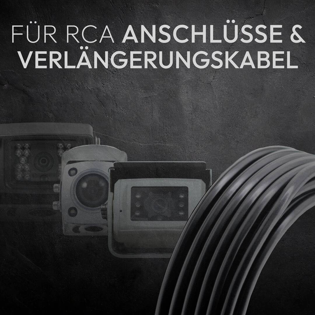 Aufgewickeltes RCA-Kabel mit Text darüber, der „Für RCA Anschlüsse & Verlängerungskabel" lautet, vor einem strukturierten Hintergrund.