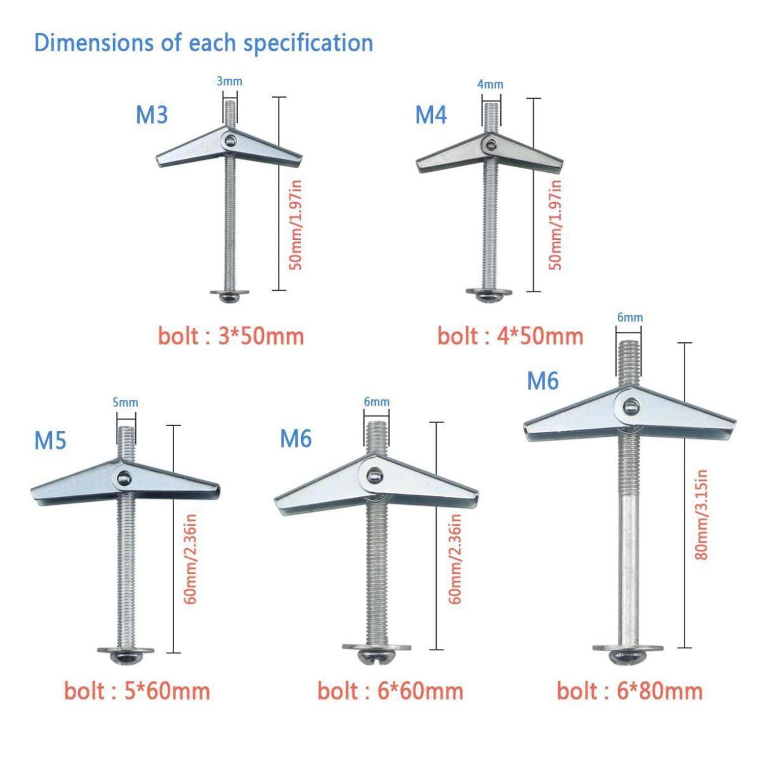 Diagramm zeigt Schraubendimensionen für M3 bis M6: M3 3*50mm, M4 4*50mm, M5 5*60mm, M6 (zwei Typen) 6*60mm und 6*80mm.