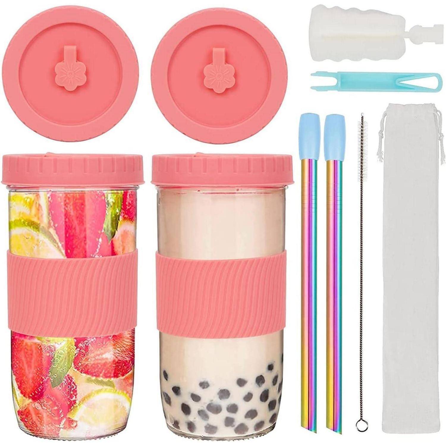 24oz Bubble Tea Becher mit Strohhalm und Deckel 2er Set Rosa