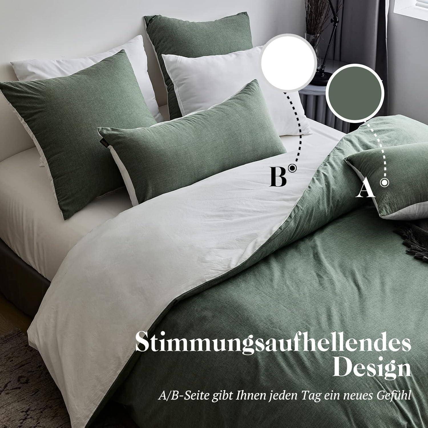 Bettwäsche Set 135x200 Salbei Grün Baumwolle Stone Washed