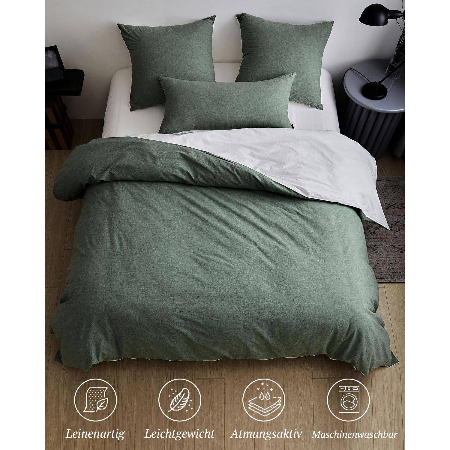 Bettwäsche Set 135x200 Salbei Grün Baumwolle Stone Washed