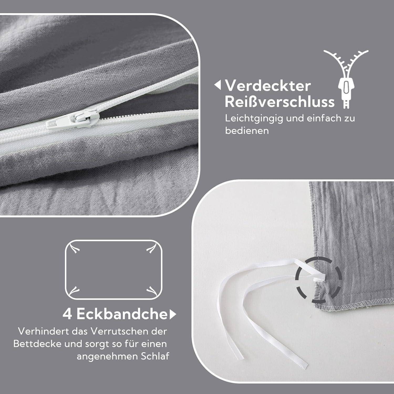 Eine Nahaufnahme einer grauen Bettdeckenbezugs zeigt einen versteckten Reißverschluss und Befestigungsecken. Der deutsche Text erklärt diese Merkmale als einfach zu bedienen und sicher.