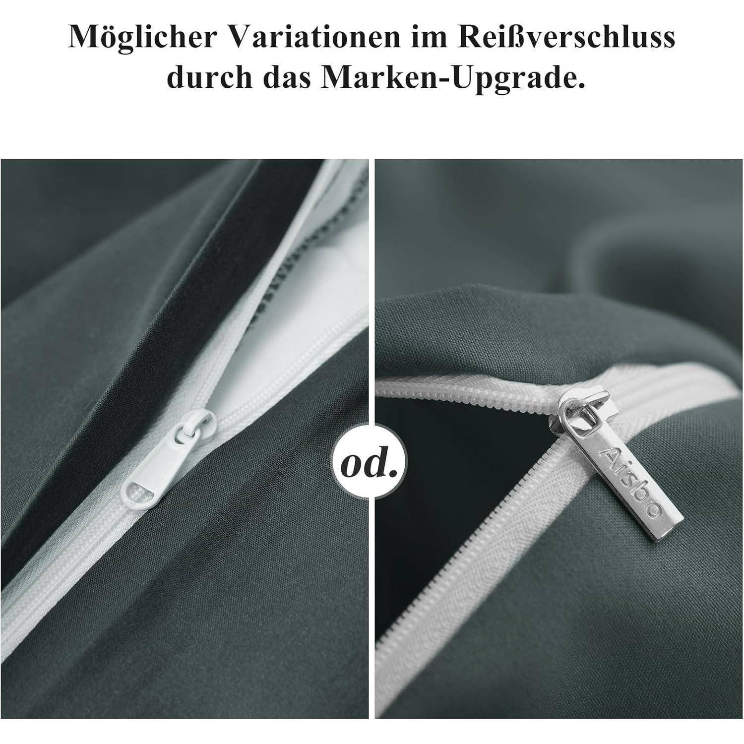 Zwei Nahaufnahmen von Reißverschlüssen auf Stoff. Der linke Reißverschluss ist schlicht, während der rechte Reißverschluss einen Zuggriff mit der Gravur 'AIDEA' aufweist.