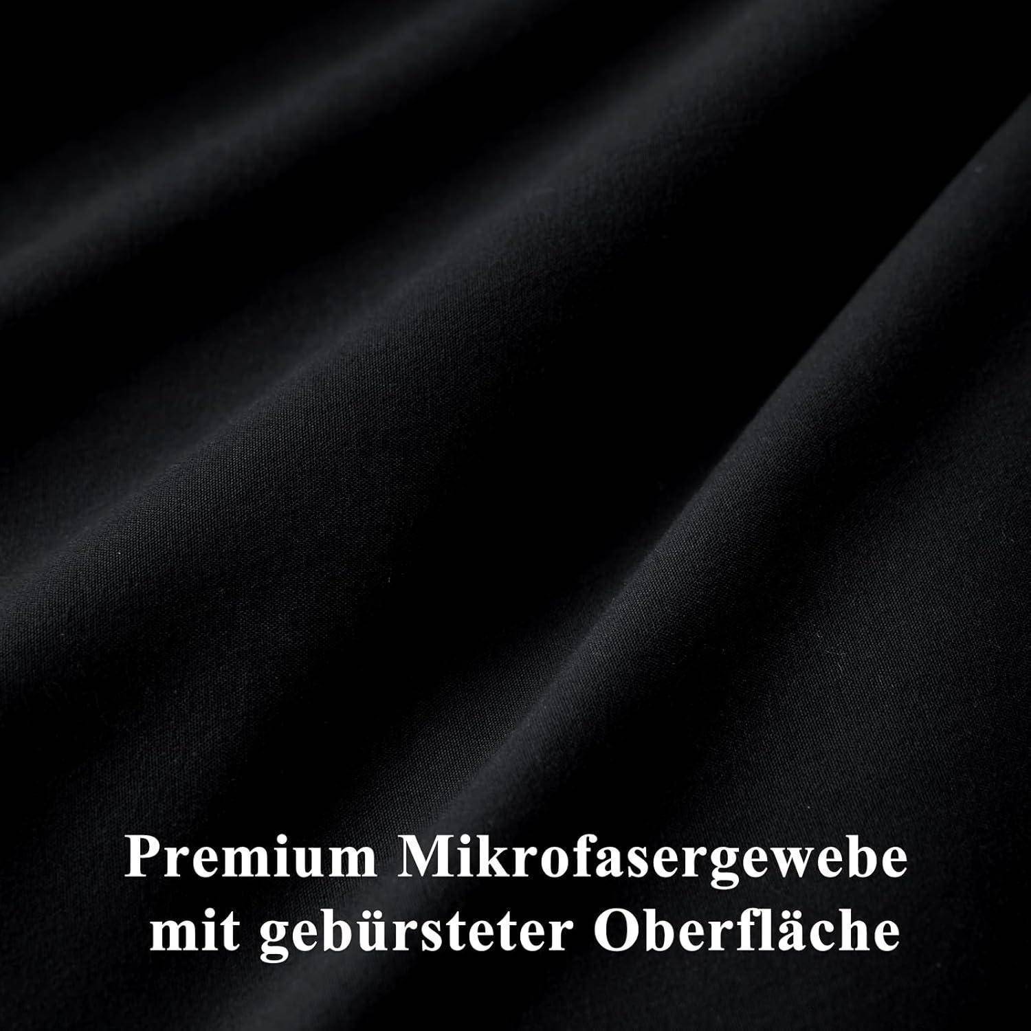 Schwarzes Mikrofasergewebe mit einer gebürsteten Oberfläche. Deutscher Text lautet 'Premium Mikrofasergewebe mit gebürsteter Oberfläche'.