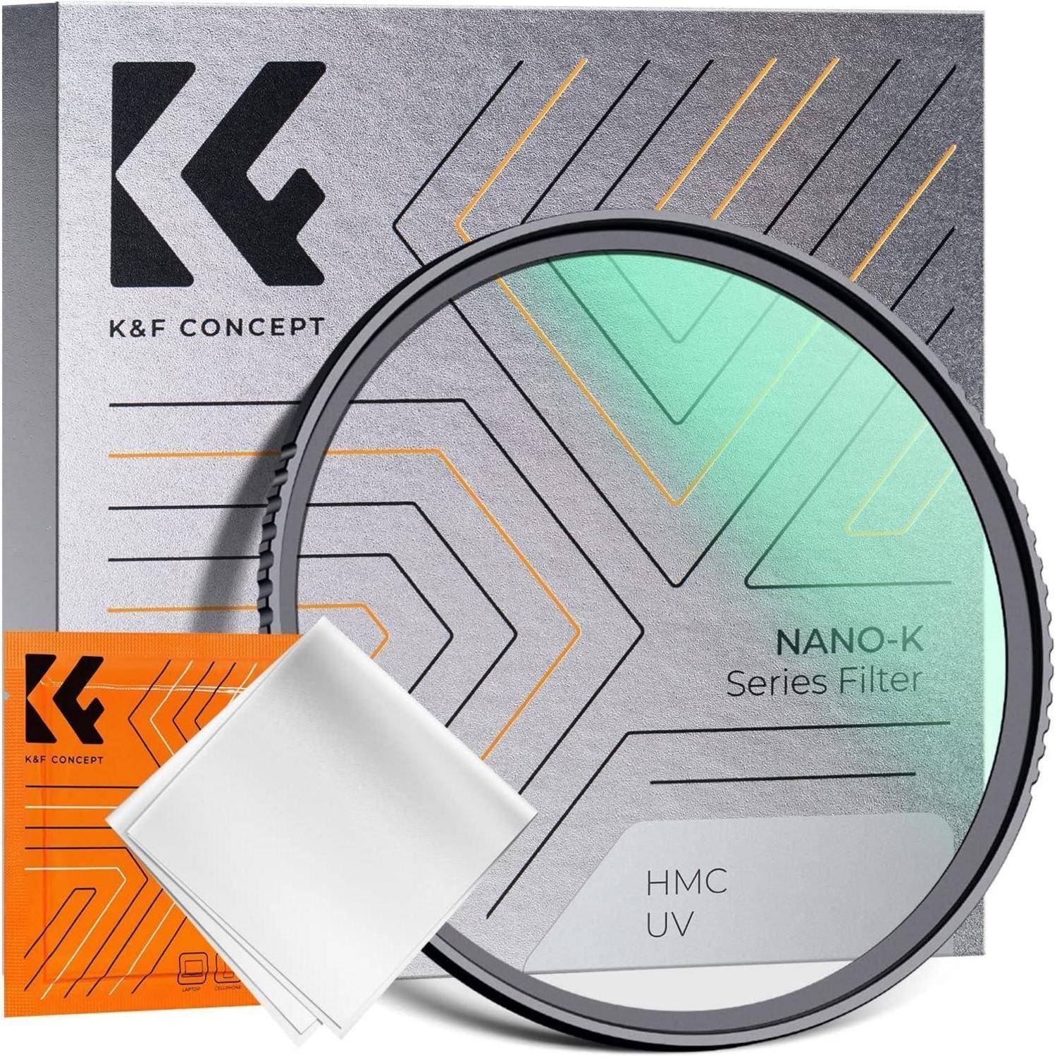 Ein K&F Concept Nano-K Series HMC UV-Filter wird zusammen mit seiner Verpackungsbox und einem weißen Reinigungstuch präsentiert.