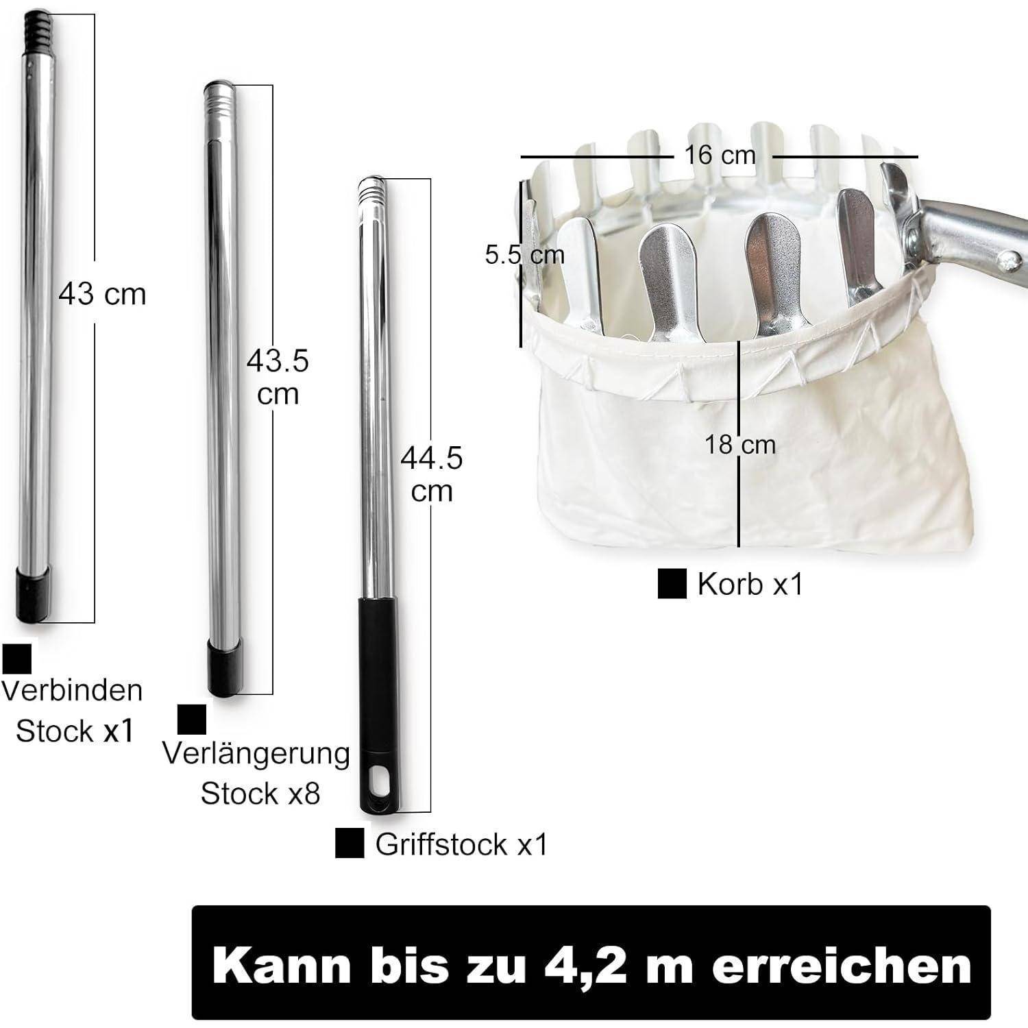Obstpflückwerkzeug Teile und Abmessungen: 'Verbinden Stock' 43 cm, 'Verlängerung Stock' 43,5 cm, 'Griffstock' 44,5 cm, Korb 16 cm Durchmesser.