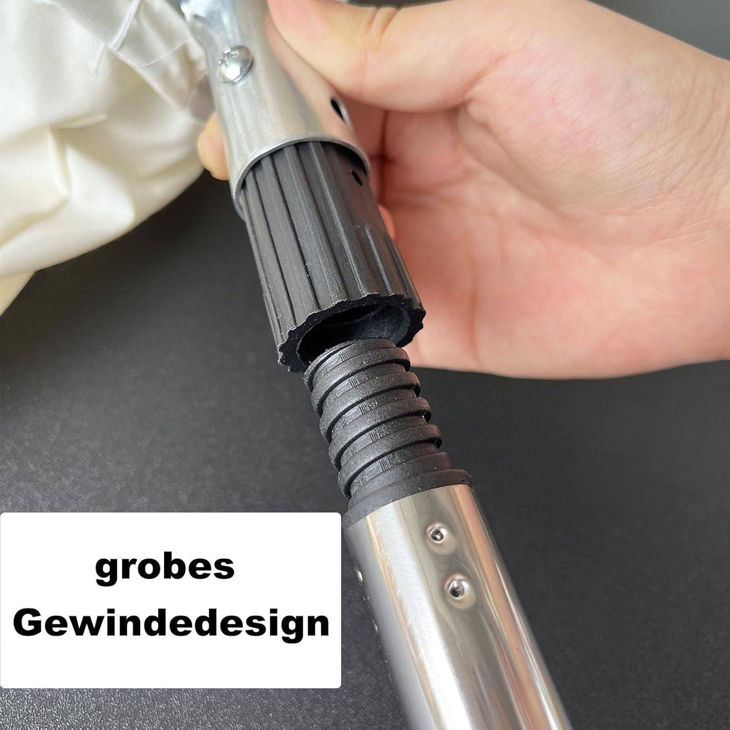 Eine Hand, die einen schwarzen Griff eines silbernen Metallstabs mit einem weißen Stoff hält. Der Text im Bild lautet „grobes Gewindedesign