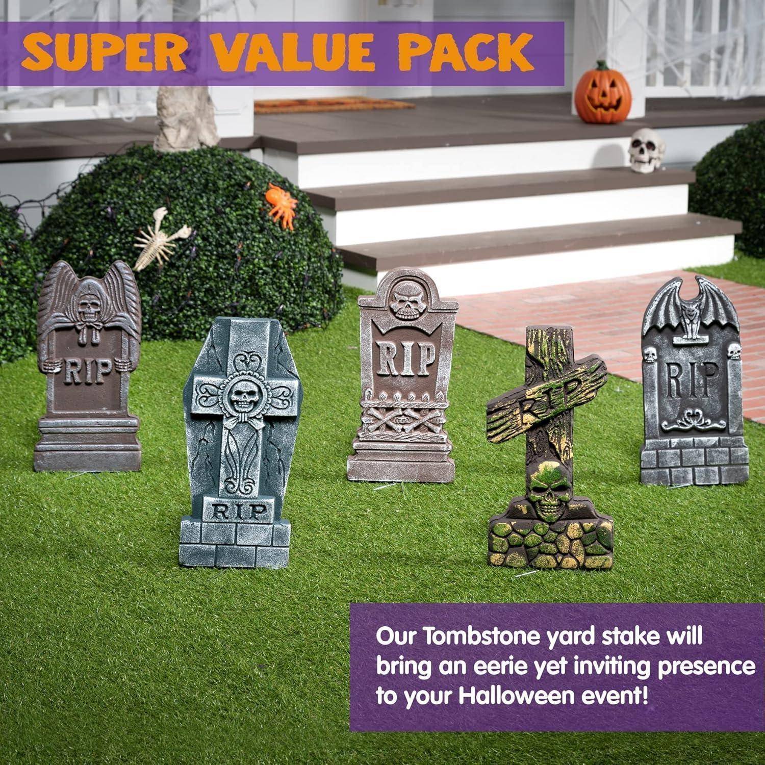 5 Stück 43cm Halloween Schaumstoff Grabsteine mit Metall Bodenspitze