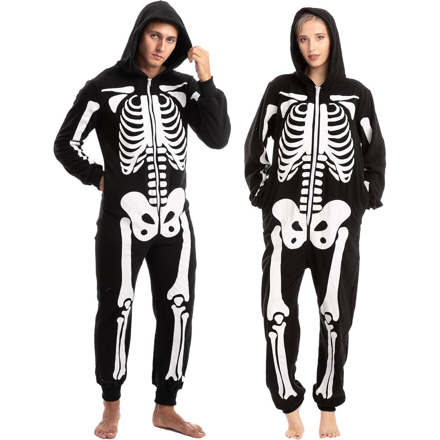 Halloween Skelett Onesie Pyjama Erwachsene Plüsch Jumpsuit Schwarz XL