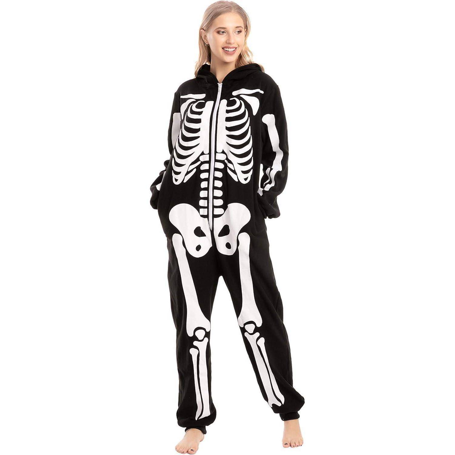 Halloween Skelett Onesie Pyjama Erwachsene Plüsch Jumpsuit Schwarz XL