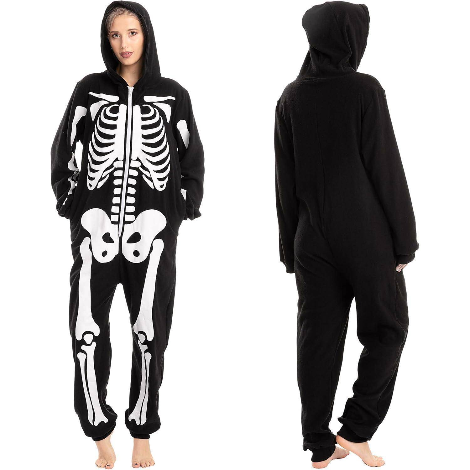 Halloween Skelett Onesie Pyjama Erwachsene Plüsch Jumpsuit Schwarz XL