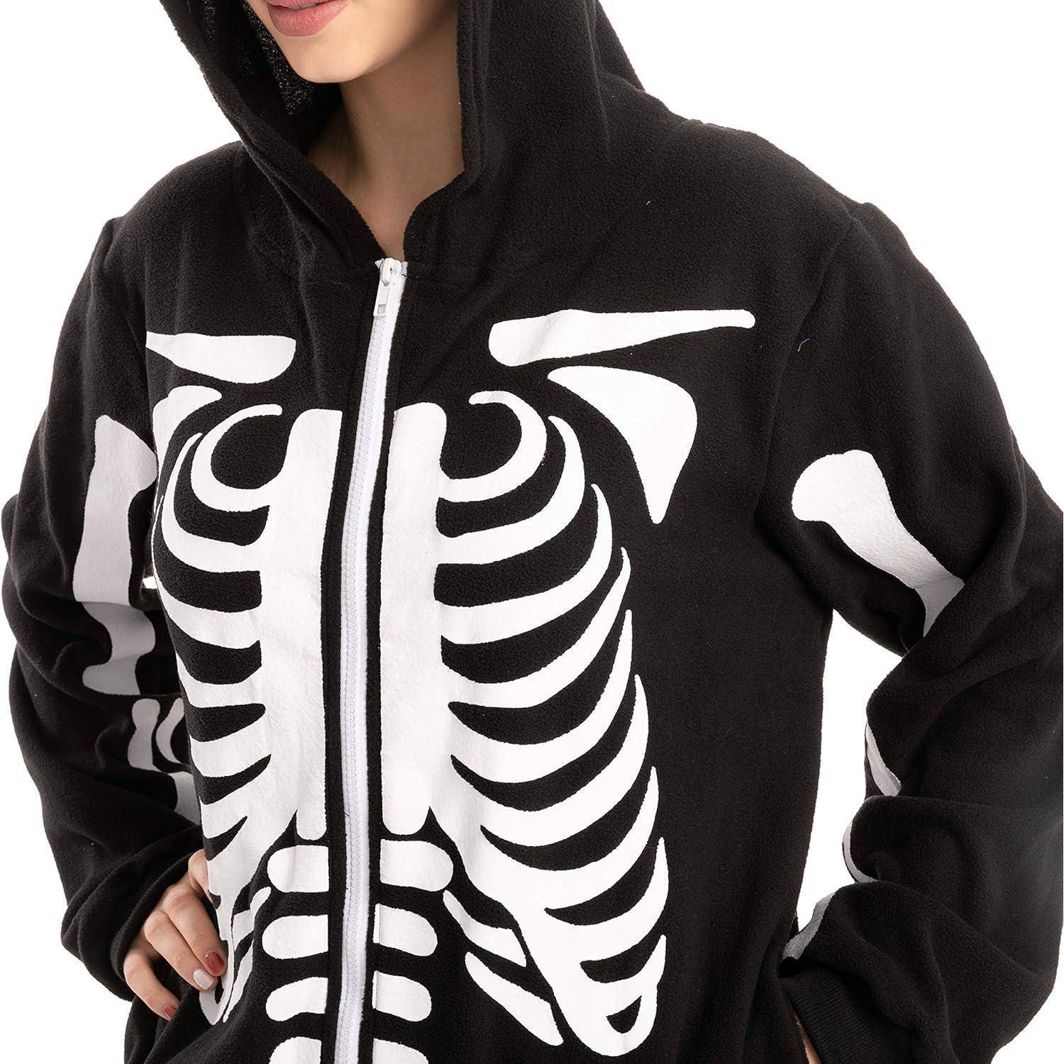 Halloween Skelett Onesie Pyjama Erwachsene Plüsch Jumpsuit Schwarz XL