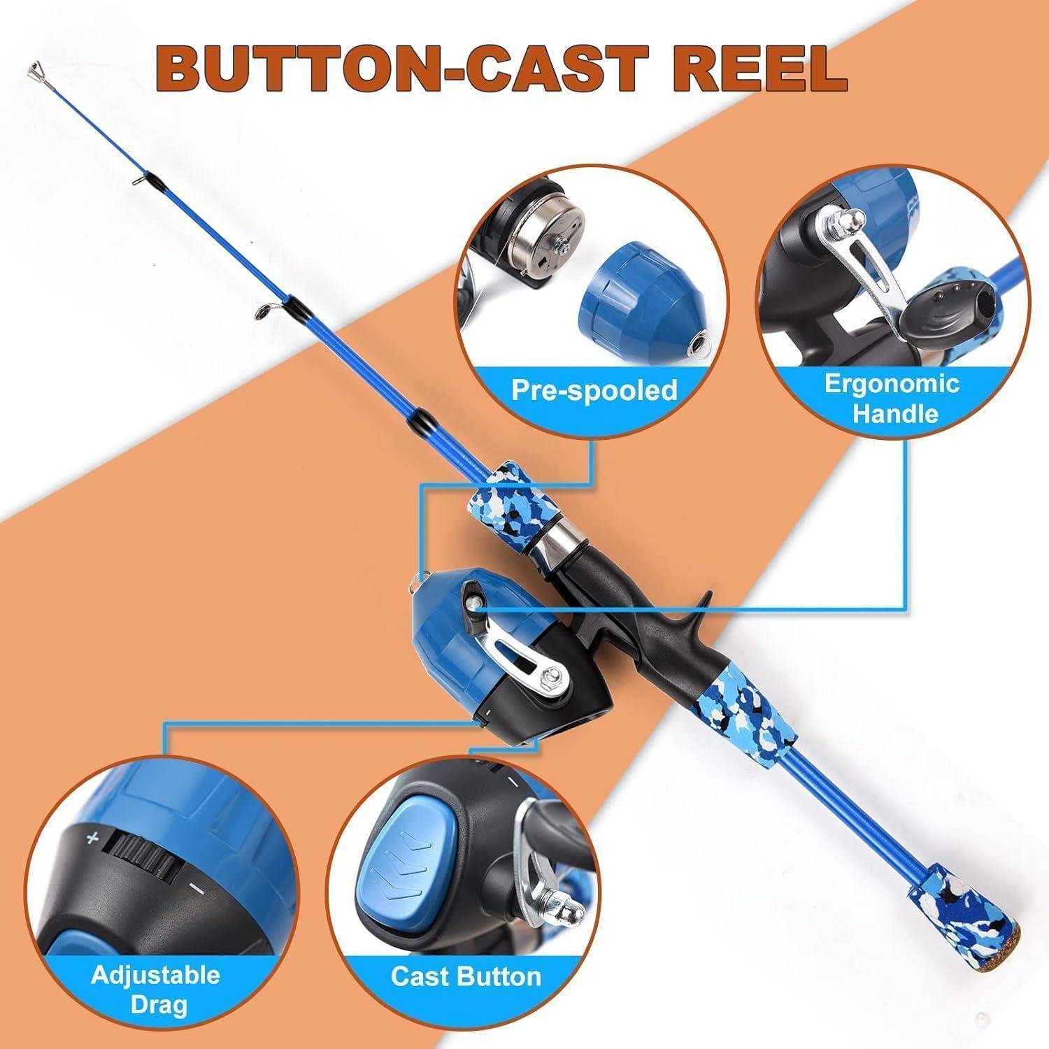 Bild einer blauen Buttoncast-Rolle mit beschrifteten Merkmalen: 'Vorkonfektioniert', 'Ergonomischer Griff', 'Einstellbare Bremse', 'Castknopf'.
