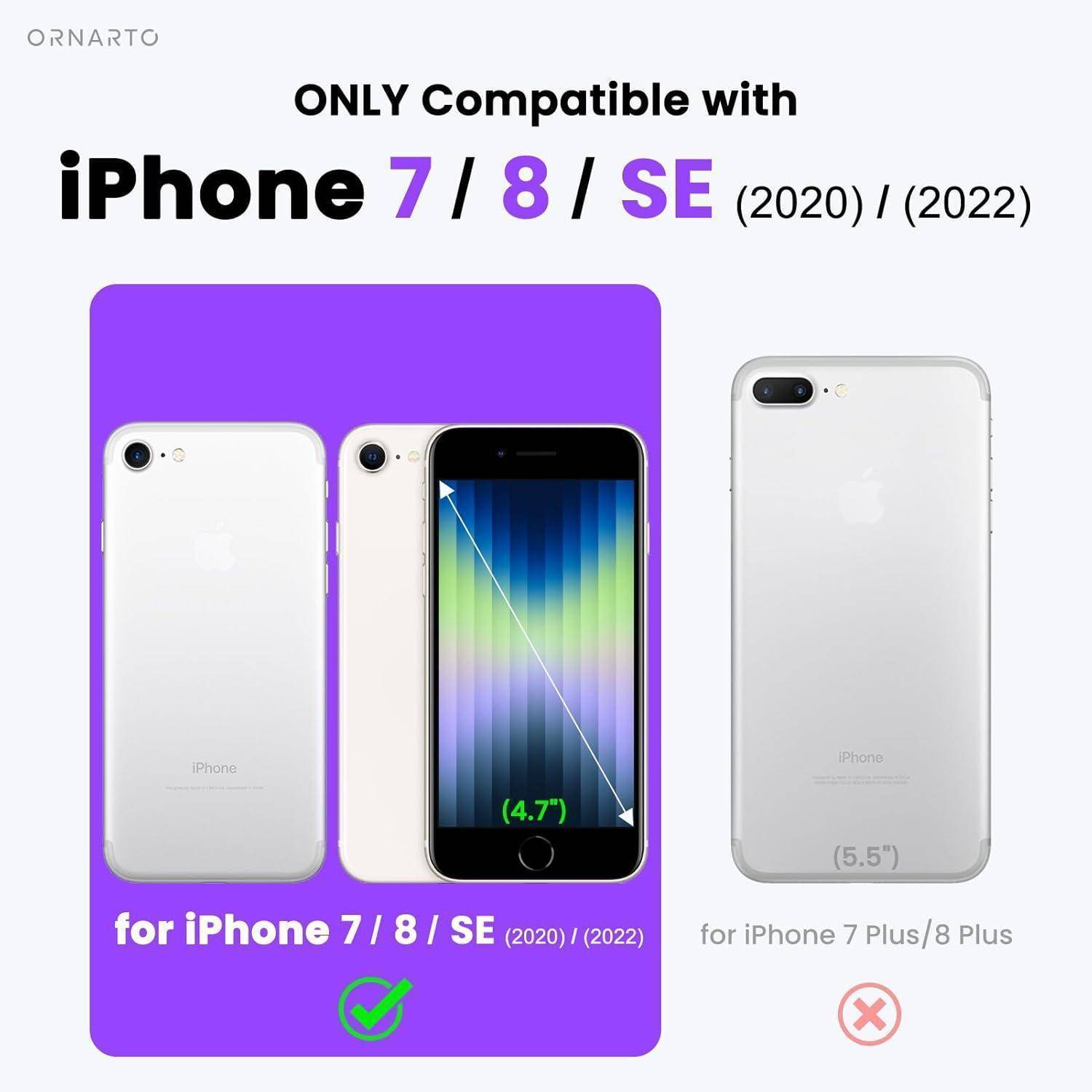 Das Bild zeigt zwei Gruppen von iPhones: Auf einem lila Hintergrund sind iPhone 7/8/SE (2020/2022) als kompatibel hervorgehoben, während das iPhone 7 Plus/8 Plus auf einem grauen Hintergrund nicht kompatibel ist.