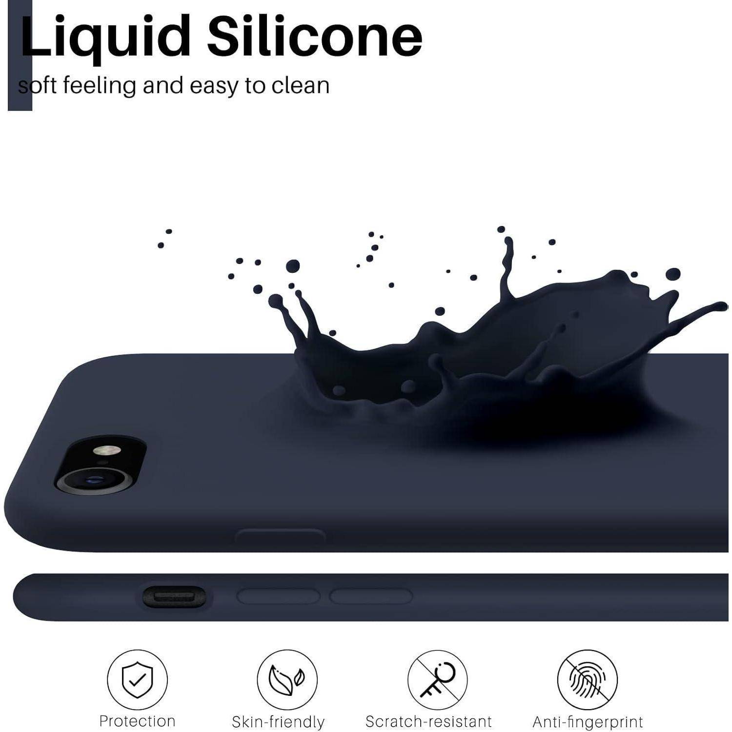 Spritzeffekt des ‚Liquid Silicone' Gehäuses, mit Hervorhebung der Eigenschaften: weich, leicht zu reinigen, Schutz, hautfreundlich, kratz- und fingerabdruckresistent.