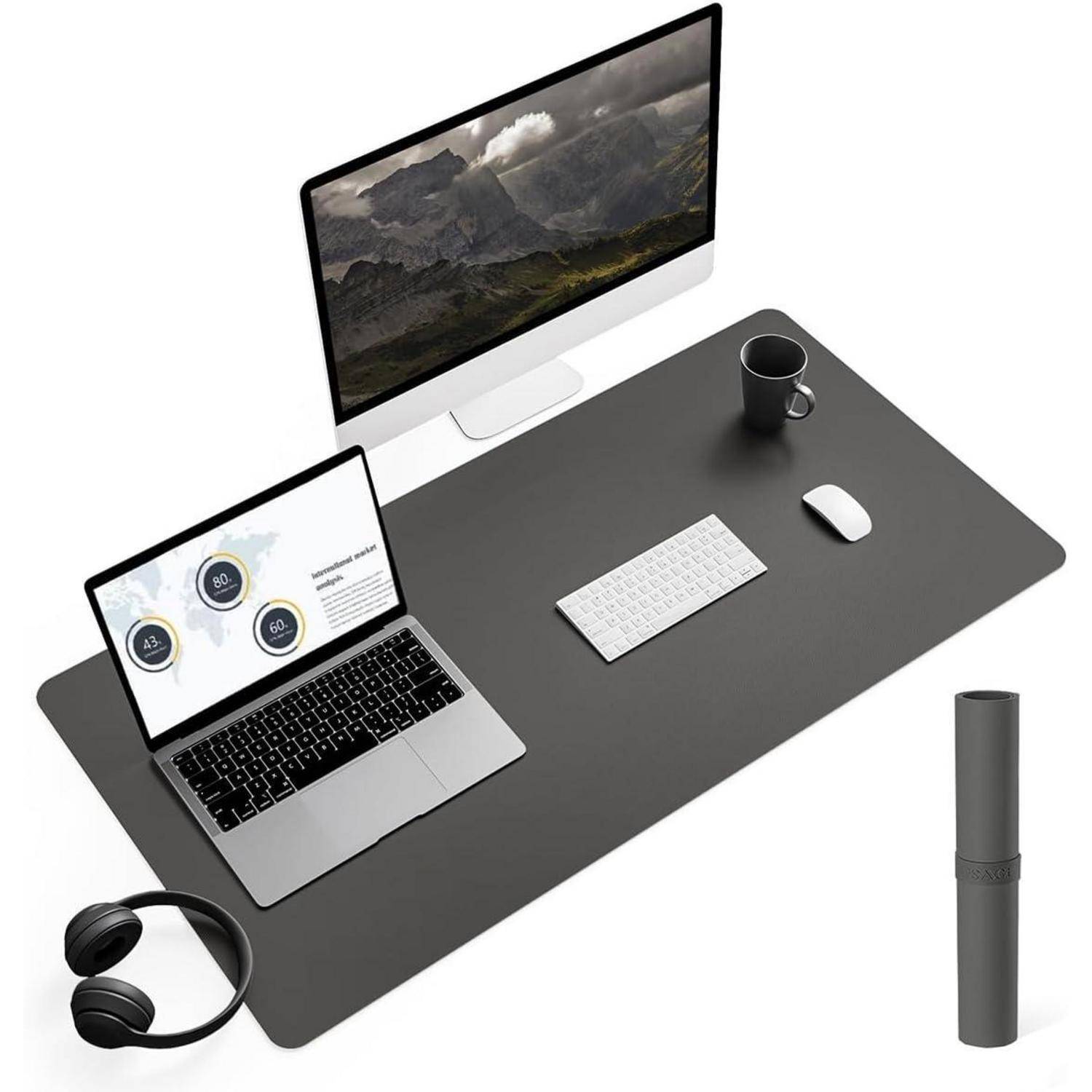 Großes Office Mousepad aus Leder und Wildleder, rutschfest, dunkelgrau