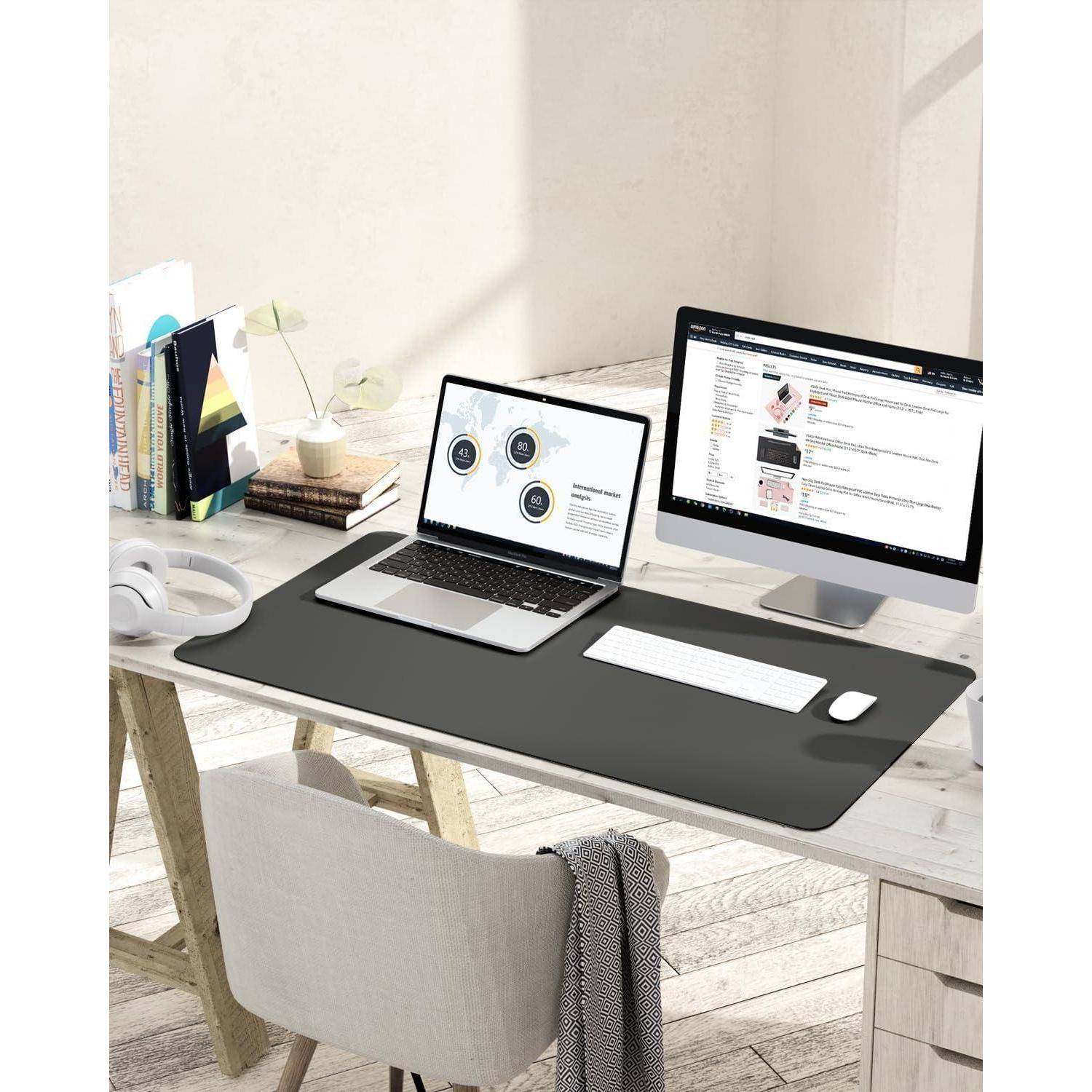 Großes Office Mousepad aus Leder und Wildleder, rutschfest, dunkelgrau