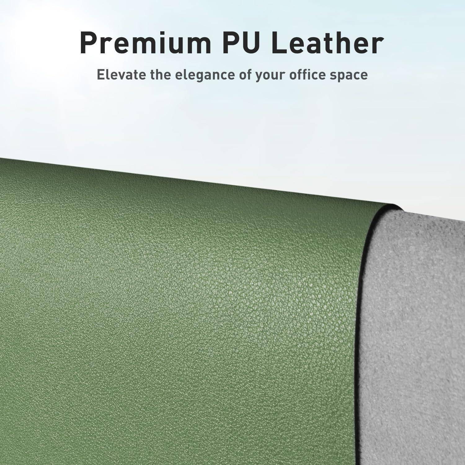 Grüne PU-Lederrolle, ausgelegt auf einer grauen Oberfläche mit dem Text „Premium PU-Leder: Veredeln Sie den Eleganz Ihres Büroraums