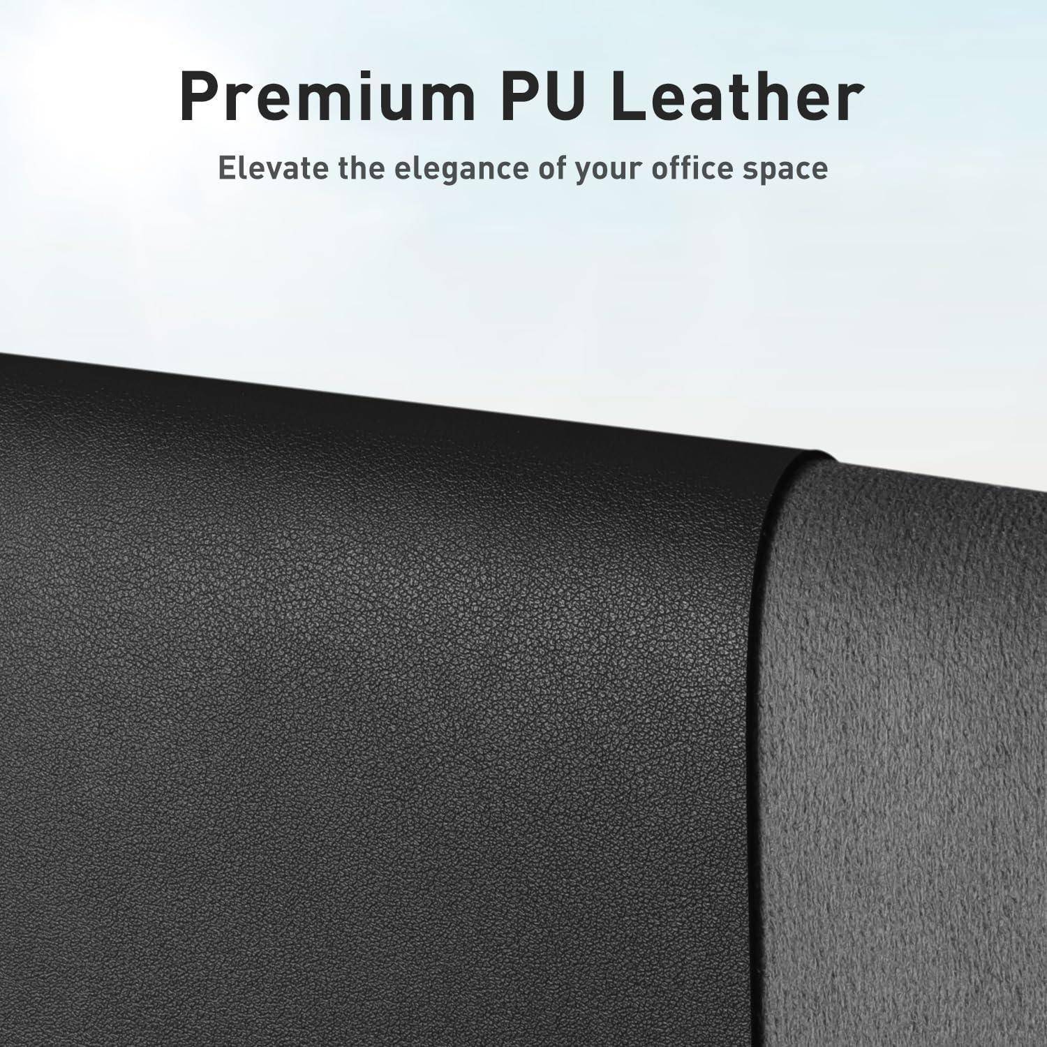 Premium PU-Leder. Veredeln Sie den Eleganz Ihres Büroraums.' Detailaufnahme einer strukturierten schwarzen Lederfläche.