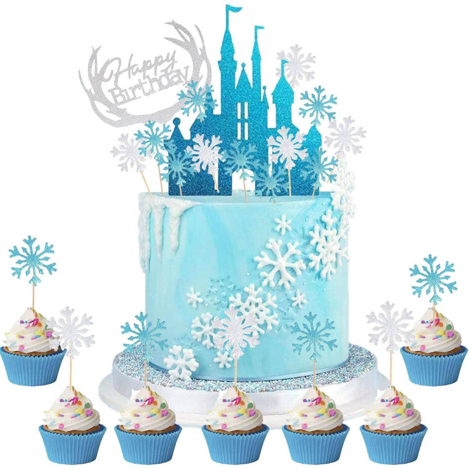 Frozen Schloss Tortendeko Set für Kinder Geburtstag, Silber Blau Cake